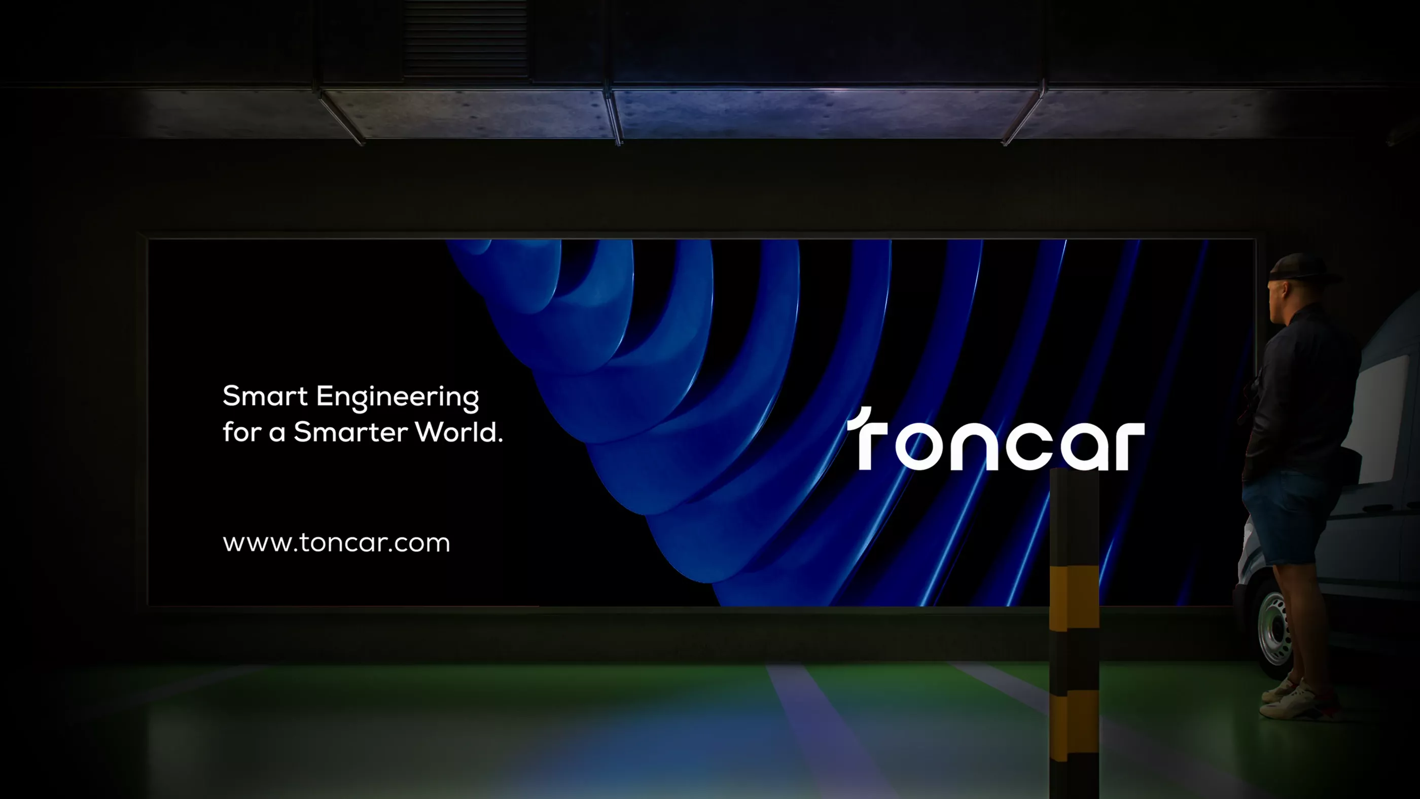 This image presents a sleek, futuristic visual emphasizing flow and digital connectivity through abstract blue lines. The design successfully conveys a sense of advanced engineering and modern corporate sophistication.