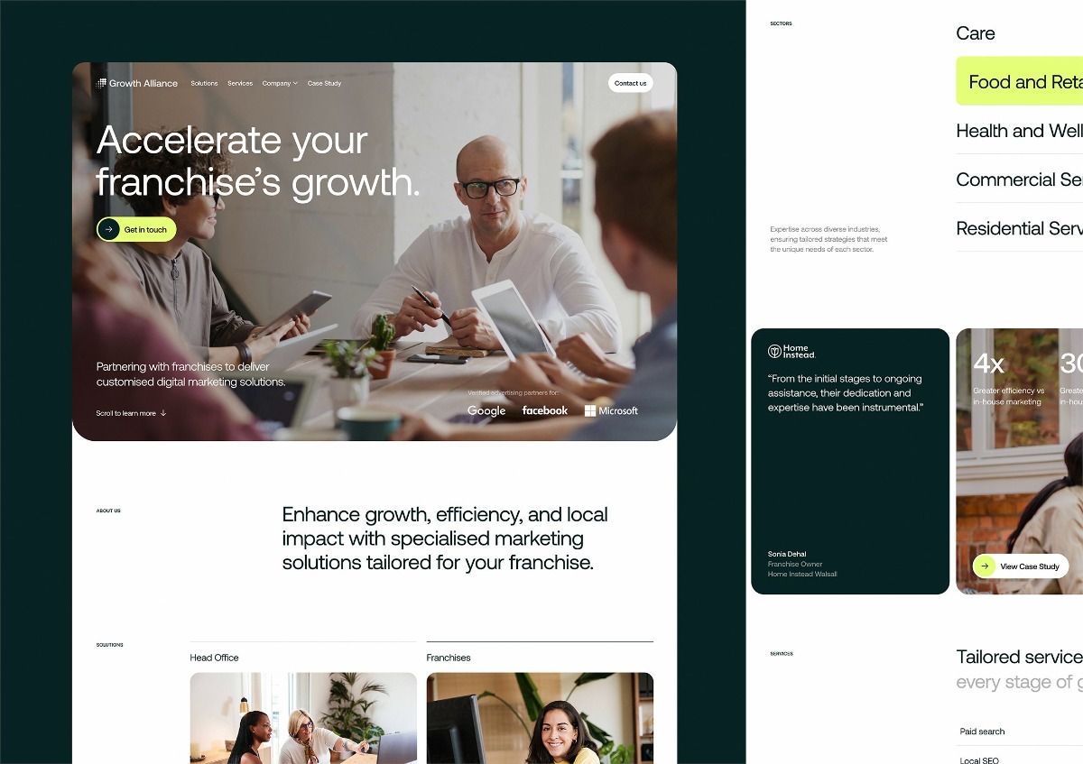 The image presents a clean, professional, and modern web or marketing page design, utilizing soft lighting and a muted color palette to convey trust and expertise. The layout is structured with clear sections, featuring high-quality photography of professionals collaborating to illustrate a service-based business.