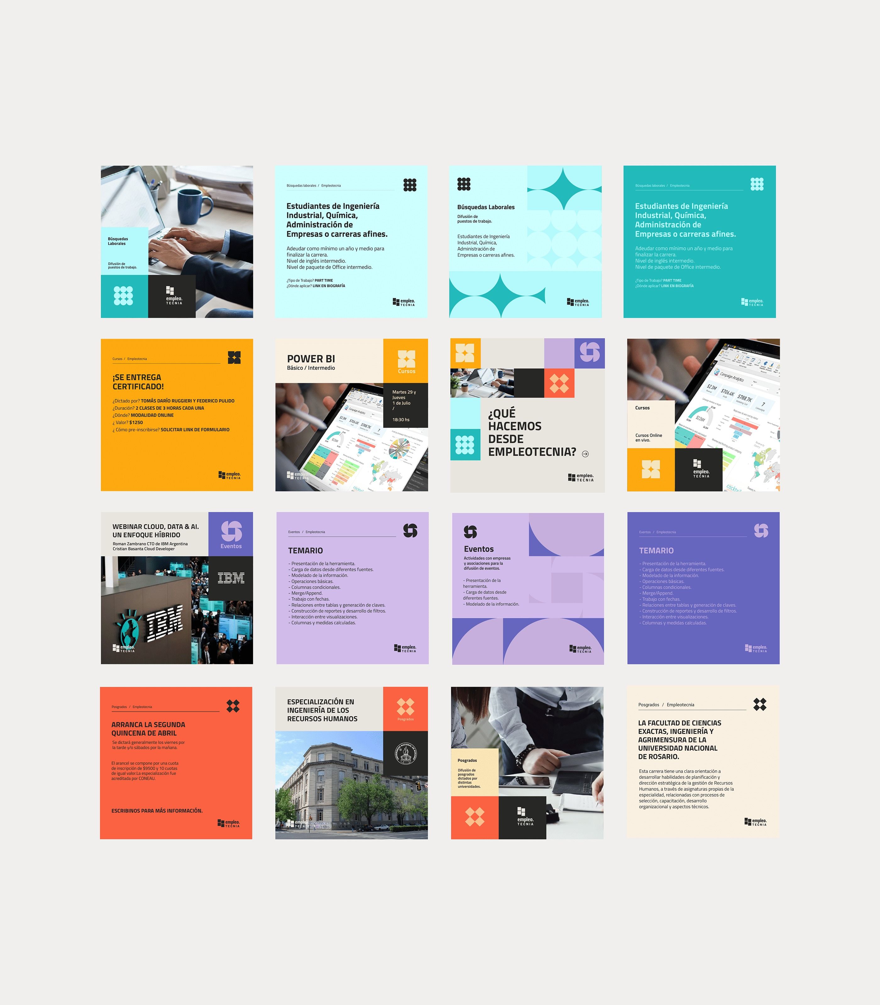 The image displays a grid of diverse, clean, and professional-looking informational cards or tiles, suggesting a modern corporate or educational service portfolio. The design relies heavily on white space, subtle color accents (teal/blue), and clear iconography to convey different services or features.