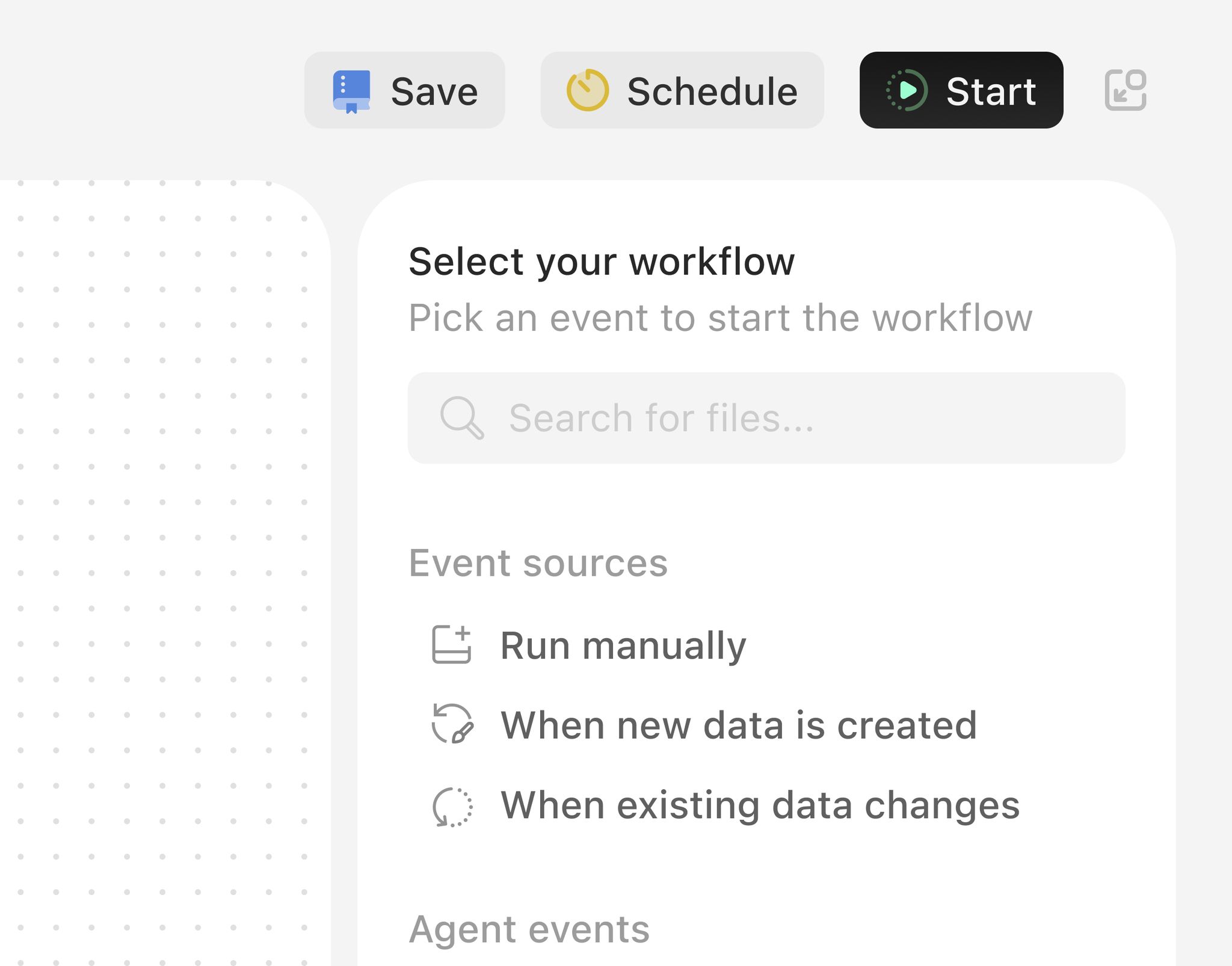 This interface exhibits a clean, functional design typical of modern SaaS applications, prioritizing clarity and task completion. The visual language relies heavily on ample negative space and subtle iconography to guide the user through complex workflow selection options efficiently.