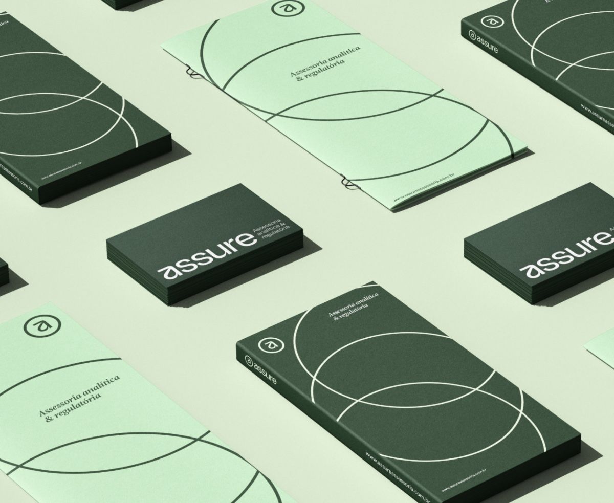 The image presents a clean, minimalist layout featuring various dark green and light mint-green rectangular cards or booklets. The design emphasizes professionalism, clarity, and a modern corporate aesthetic through simple geometric shapes and ample negative space.