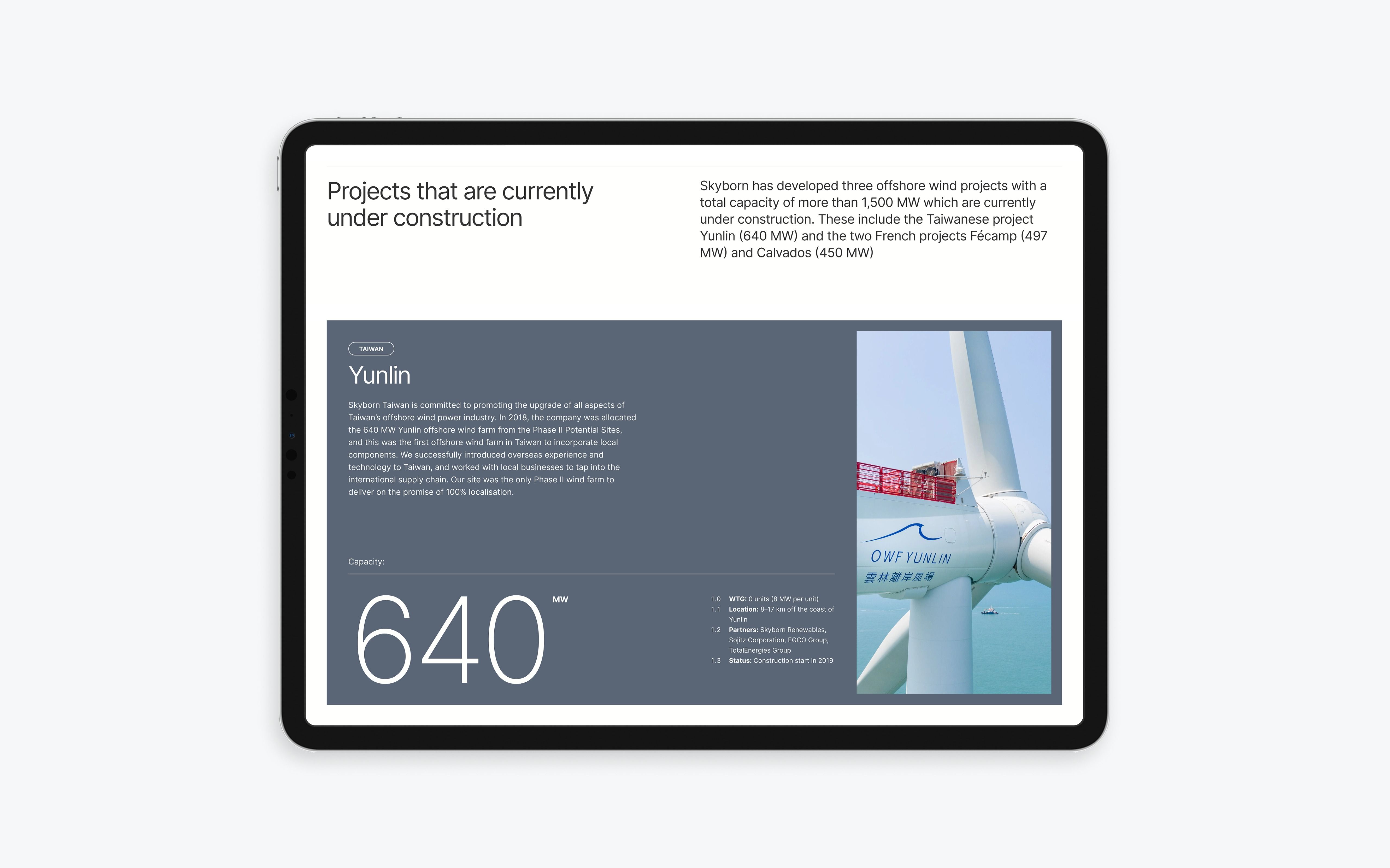 The image presents a clean, professional interface design, likely from a corporate or project development website. It utilizes ample white space and a restrained color palette to convey a sense of modern, technical competence.