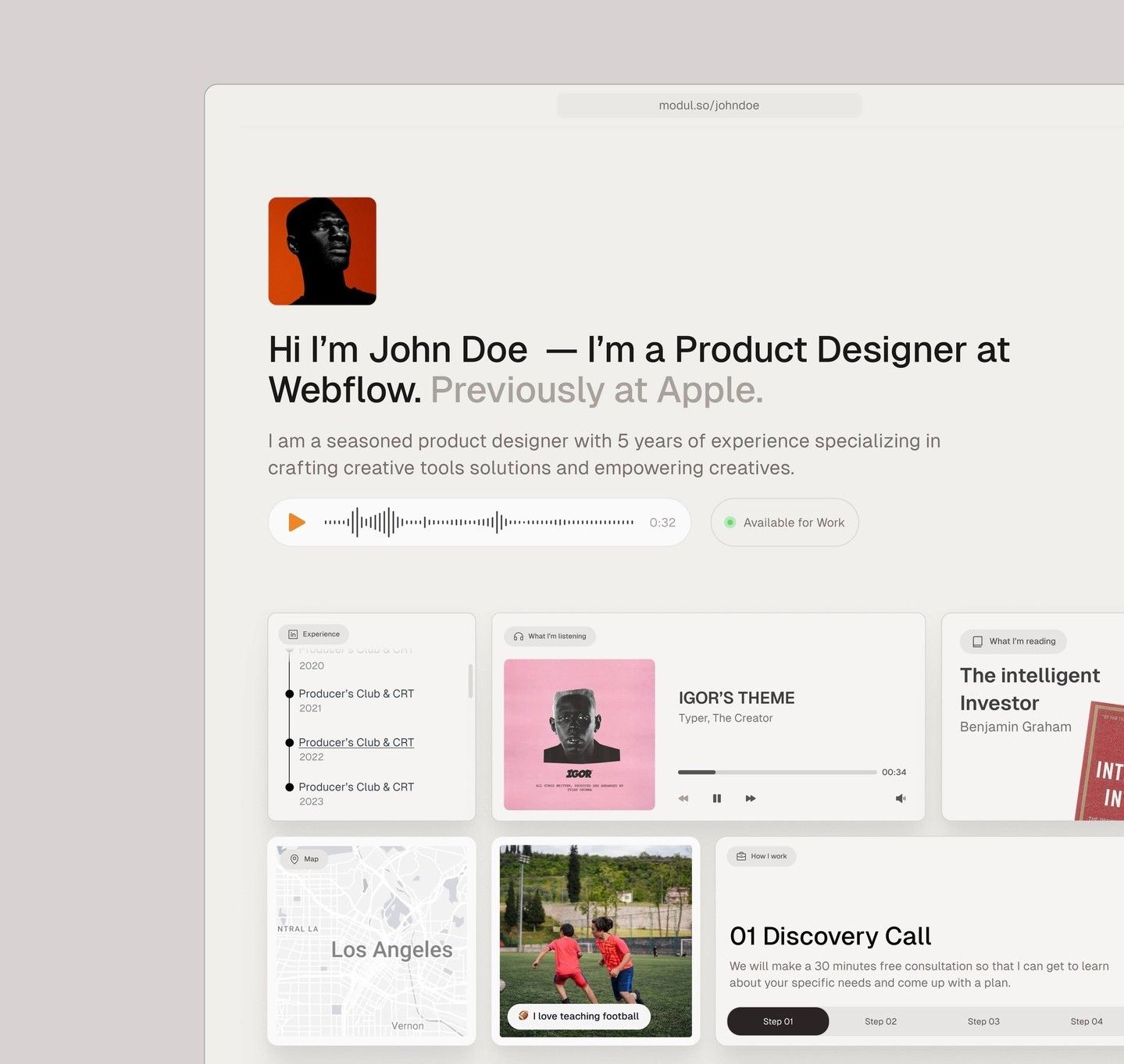 A clean, minimalist portfolio website showcasing a product designer's work with a modern interface. The design features a prominent profile section with an audio player, followed by a grid of project cards displaying various design work and case studies. The overall aesthetic is contemporary and professional with ample whitespace and subtle typography hierarchy.