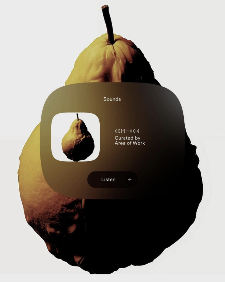 The image presents a dark, moody interface design overlaid onto the organic shape of a pear, suggesting a focus on curated audio or media. The visual language is minimalist and uses high contrast between the dark UI elements and the warm, muted tones of the fruit.