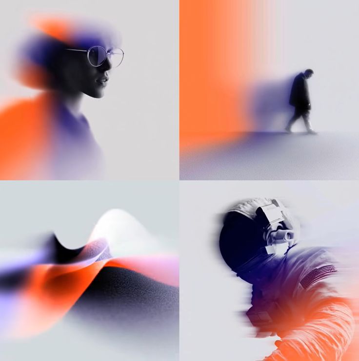 This image is a quartet of abstract, high-contrast portraits featuring silhouettes and light flares, suggesting themes of vision, technology, and introspection. The visual language relies heavily on soft gradients and dramatic lighting to create a moody, ethereal atmosphere.