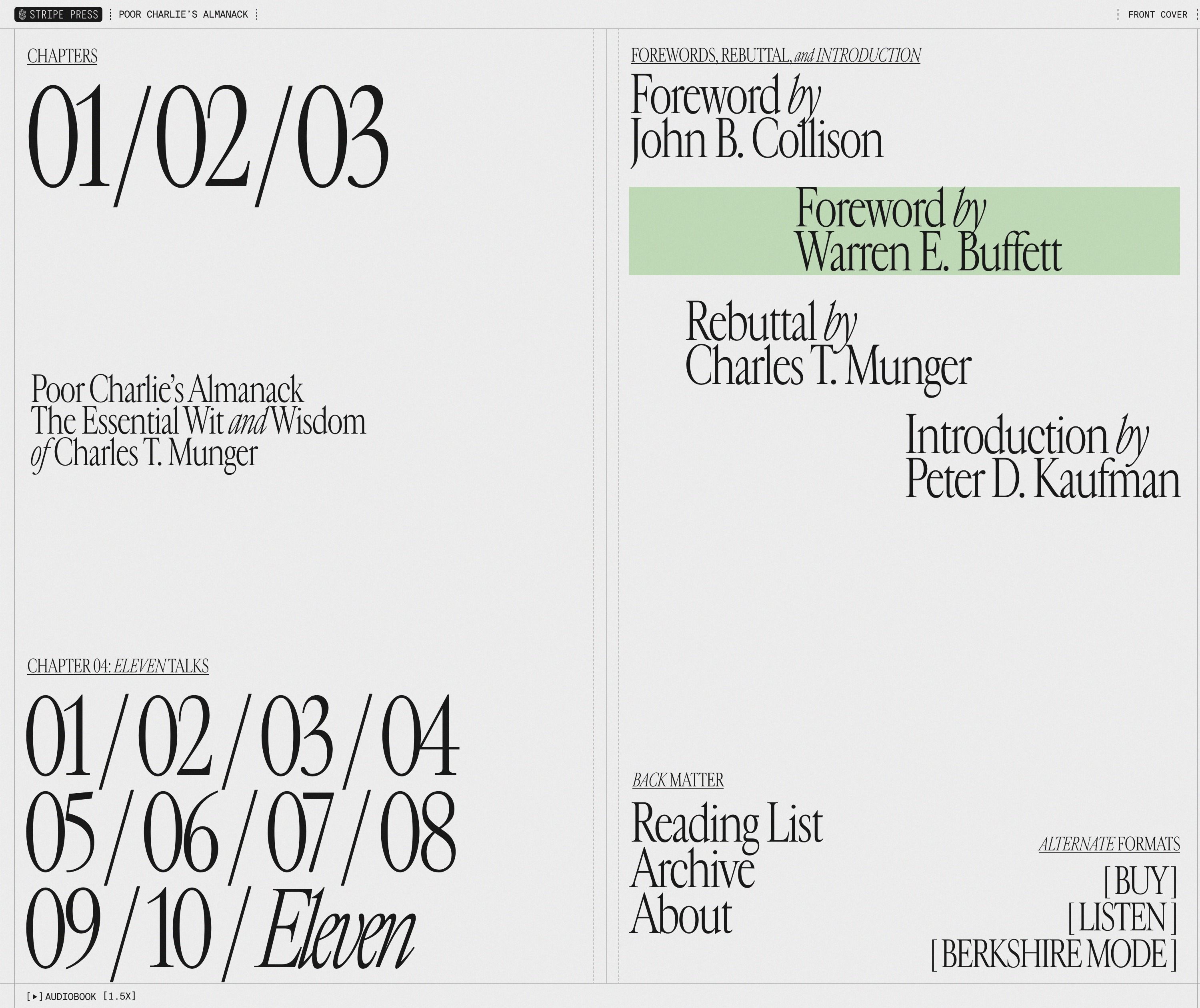 The design is minimalist, academic, and highly structured, utilizing ample white space to create a clean, professional, and organized feel. It employs a strong typographic hierarchy to clearly delineate chapters and contributors.