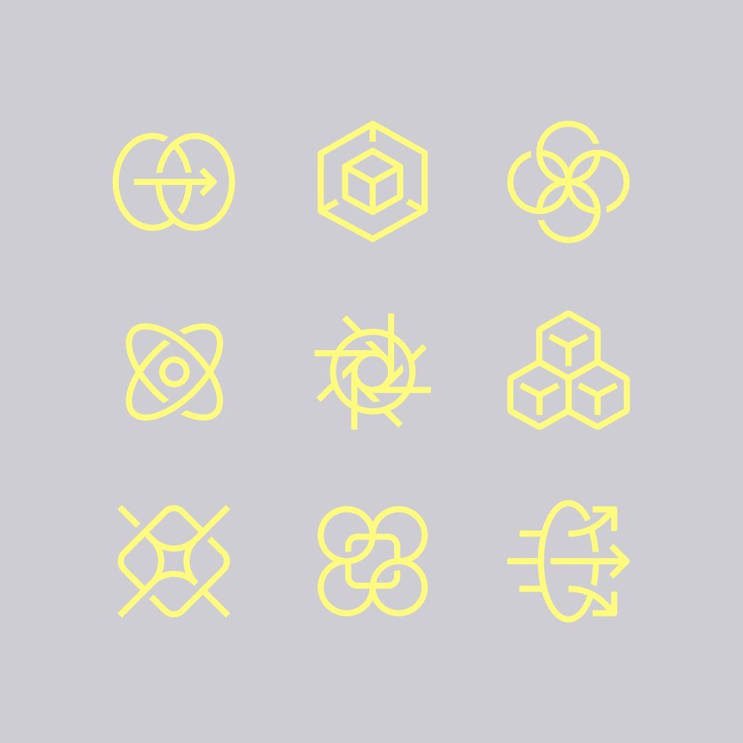 This collection showcases a set of delicate, abstract line art symbols and geometric diagrams. The design relies on clean, continuous lines and simple shapes to create a sense of interconnection and precision.