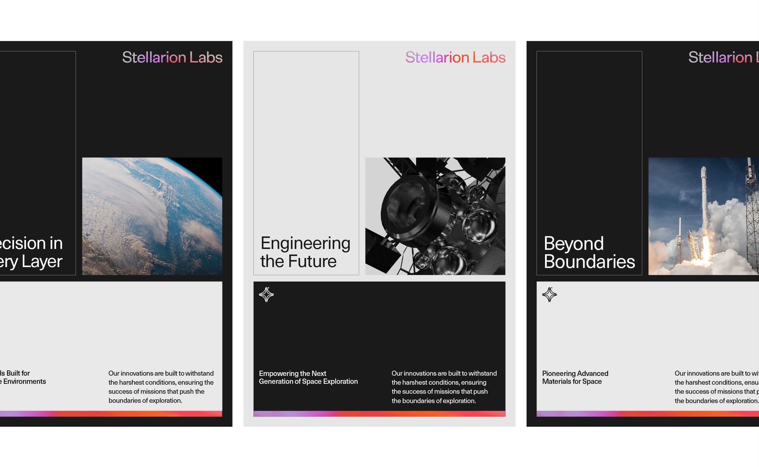 The design features a clean, modern, and professional presentation using high-contrast imagery against a dark background. It employs a minimalist layout with clear section divisions, suggesting a focus on advanced technology and exploration.