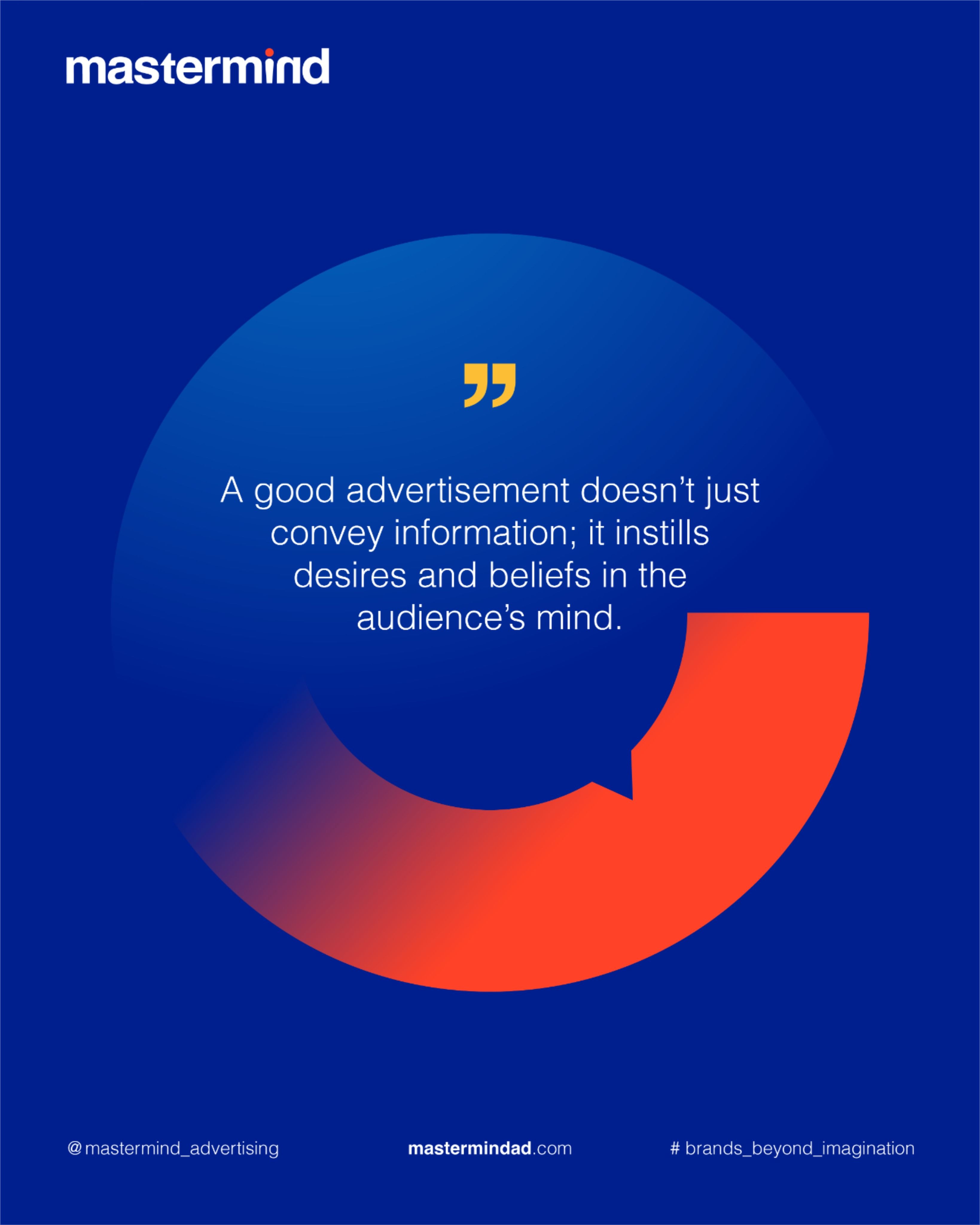 This is a clean, modern graphic design piece using a strong blue background contrasted with vibrant orange accents. The composition is dominated by a large, overlapping circular shape that draws the eye toward the central quote, conveying a sense of depth and focus.