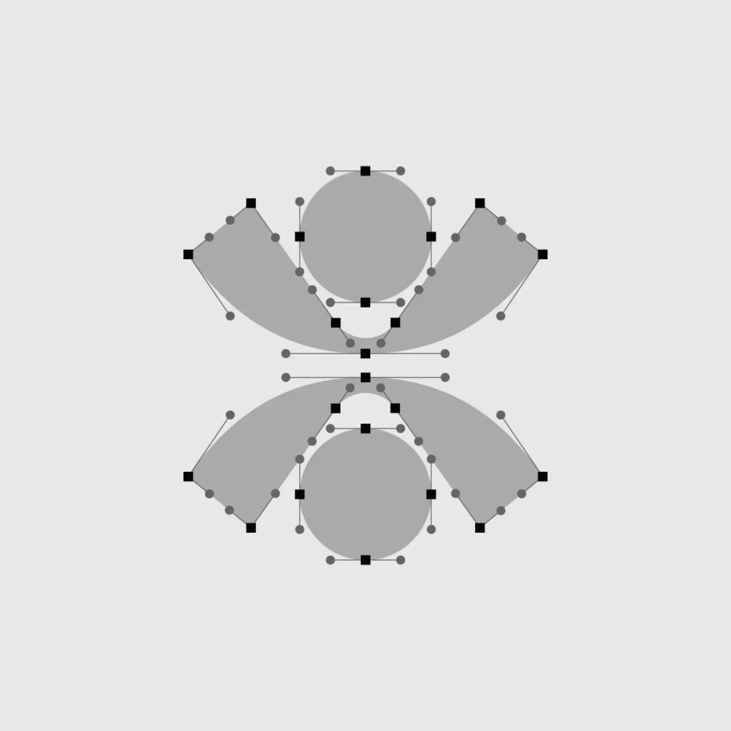 The image presents an abstract, symmetrical design composed of overlapping, curved, grey shapes that suggest organic forms or stylized leaves. The visual language is clean and minimalist, relying on negative space and precise geometric arrangement to create a balanced composition.