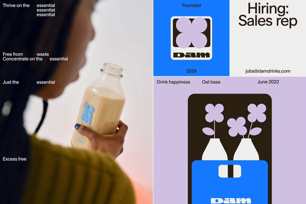 The image presents a clean, modern visual identity, likely for a beverage or health product, characterized by simple geometric shapes and muted tones. The design balances professional branding elements with lifestyle imagery, aiming for a sense of naturalness and simplicity.