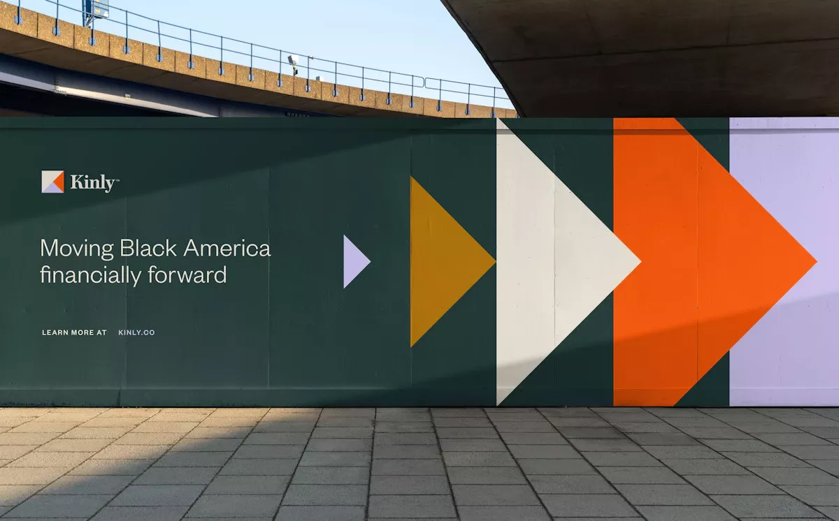 This design effectively merges an industrial, grounded architectural setting with bold, dynamic graphic elements. The visual language is assertive and forward-moving, using high contrast to emphasize a message of progress and financial direction.