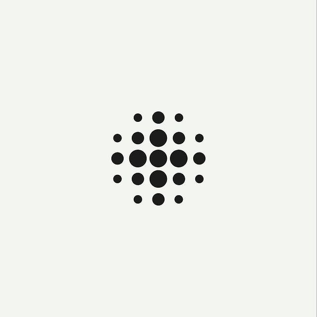 This is a minimalist, abstract design composed entirely of uniformly sized black dots arranged in a loose, irregular cluster. The visual language is clean, geometric, and relies on negative space to create texture and focus.