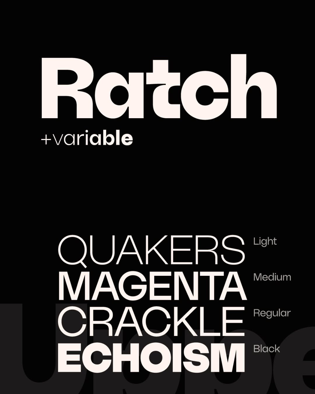 A bold, high-contrast typographic design showcasing font weights and variations against a pure black background. The layout emphasizes hierarchy and legibility through dramatic scale shifts and clean sans-serif letterforms, presenting a modern typeface specimen or branding system.