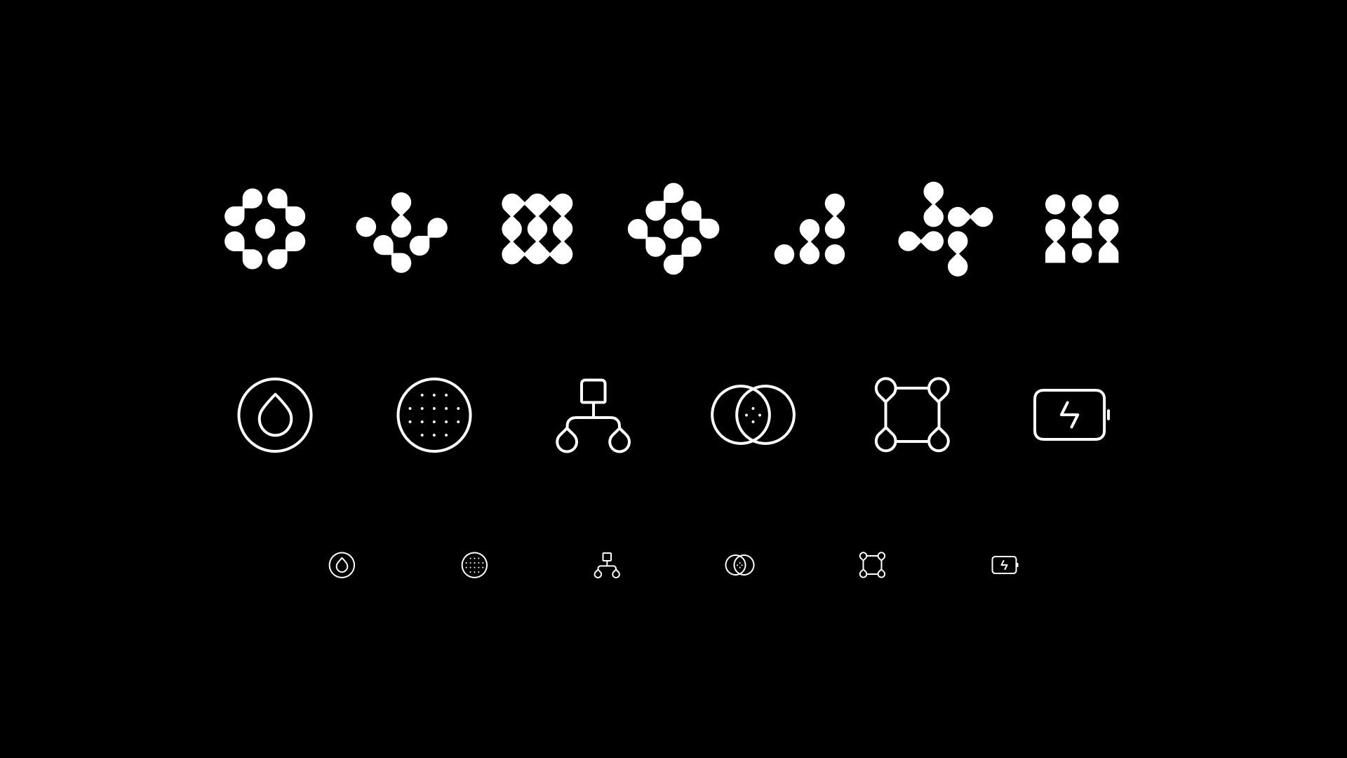 This is a highly organized display of abstract icons and geometric patterns, emphasizing connectivity, data structure, and modular design. The visual language relies entirely on simple line work and solid shapes to convey technical concepts in a clean, minimalist manner.