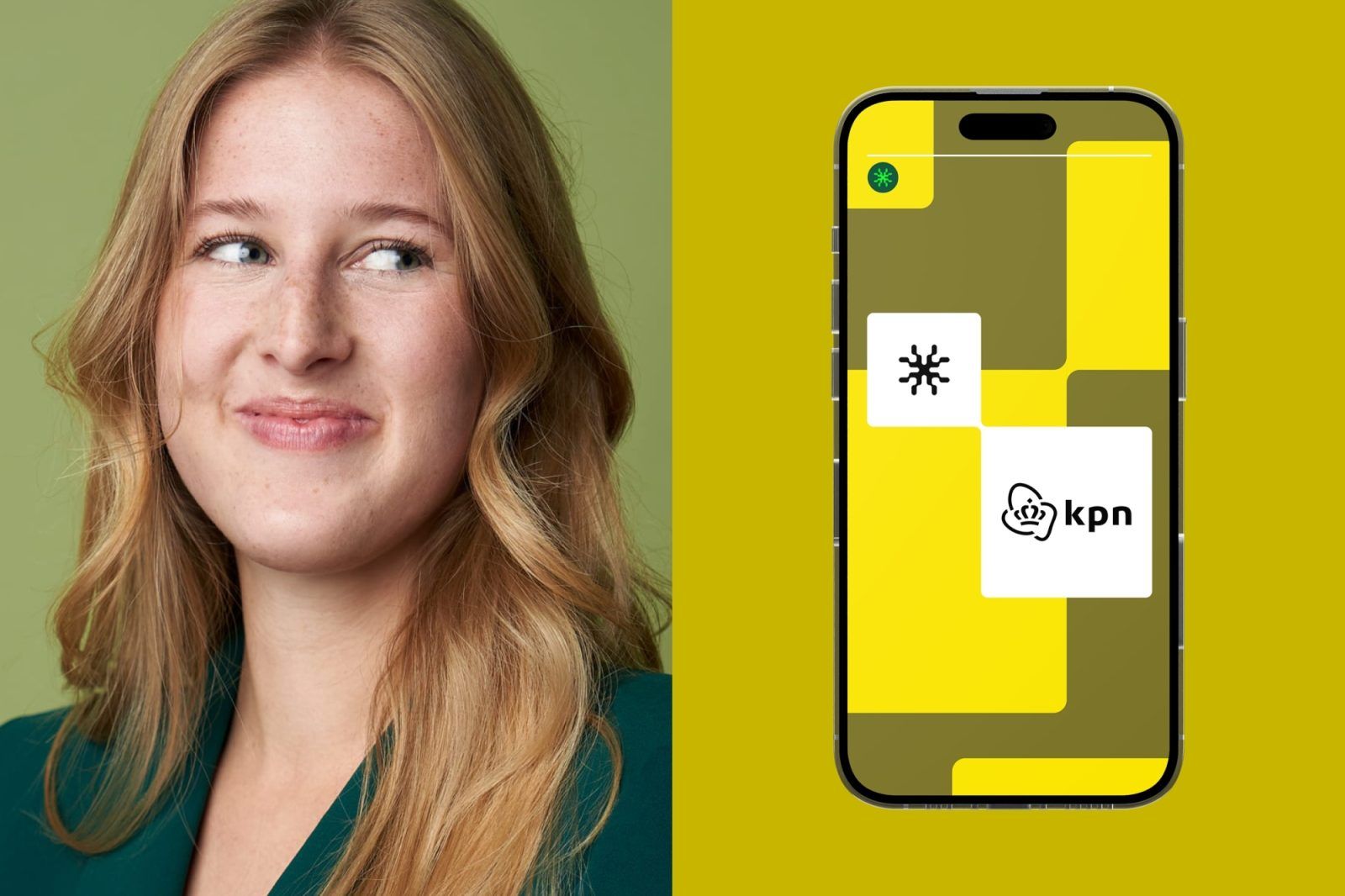 This visual combines a professional portrait of a young woman with a clean mockup of a mobile application interface, creating a juxtaposition between human presence and digital design. The design language is modern and corporate, utilizing sharp geometric shapes and a vibrant color palette to suggest innovation.