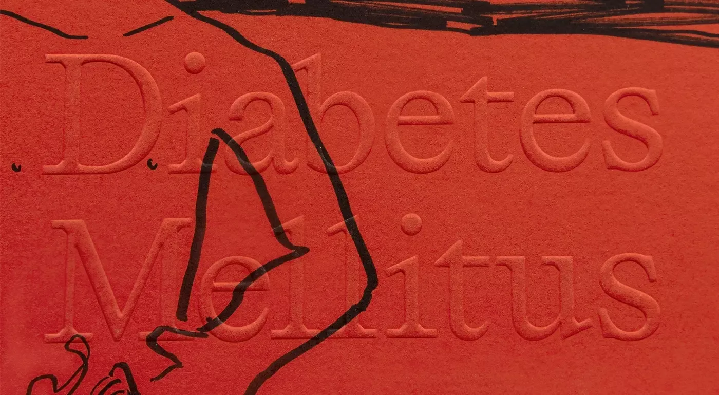 This design utilizes a stark, high-contrast palette of deep orange and black to present medical terminology. The visual language is serious and clinical, employing distressed line work that disrupts the typography to suggest fragility or historical depth.
