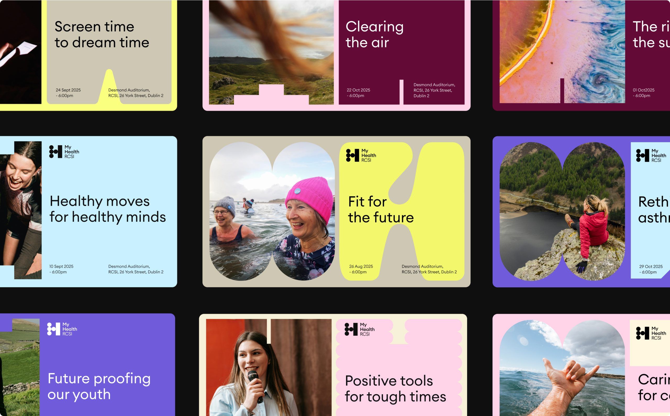 This is a clean, modular grid design featuring themed cards for wellness content. The visual language relies on bold color blocking and high-quality photography to convey themes of mental health, physical movement, and self-care. The design is highly organized and accessible for consumer engagement.