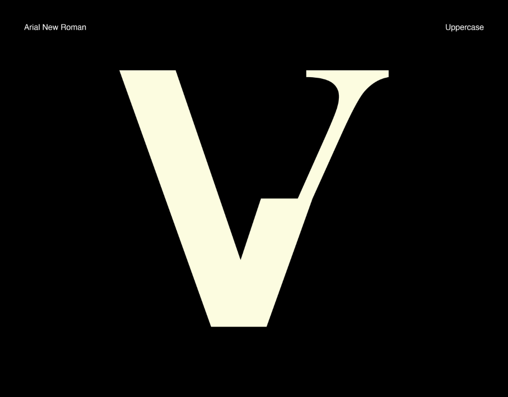 A minimalist typographic study featuring a large, geometric capital 'V' rendered in a clean sans-serif typeface against a stark black background. The design demonstrates elegant simplicity with precise letterforms and high contrast, exemplifying modern typographic principles.