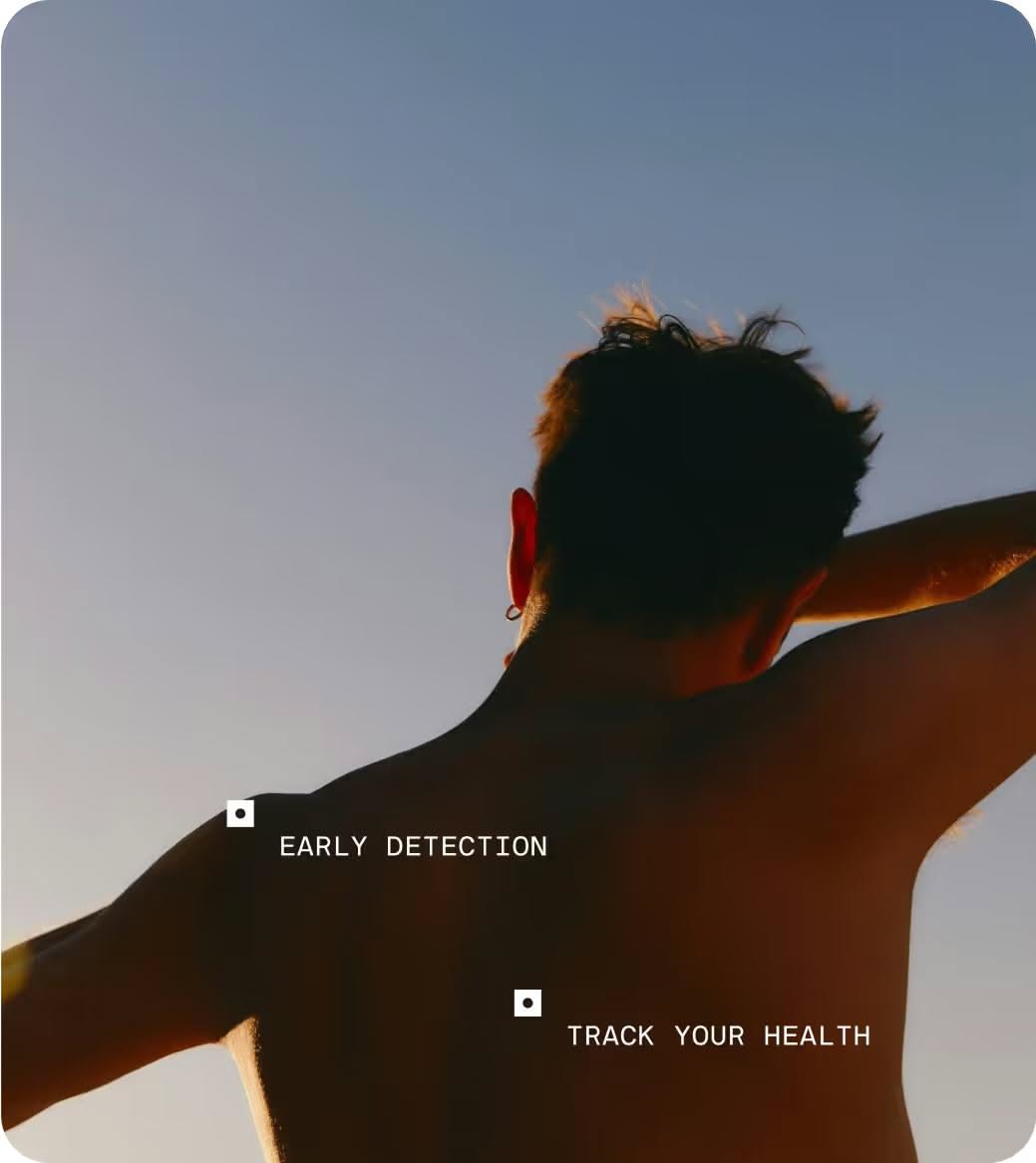 The image features a high-contrast, silhouette-based composition focusing on the back of a person against a bright sky. The design uses simple text overlays to convey health monitoring concepts, resulting in a clean, minimalist, and direct visual statement.