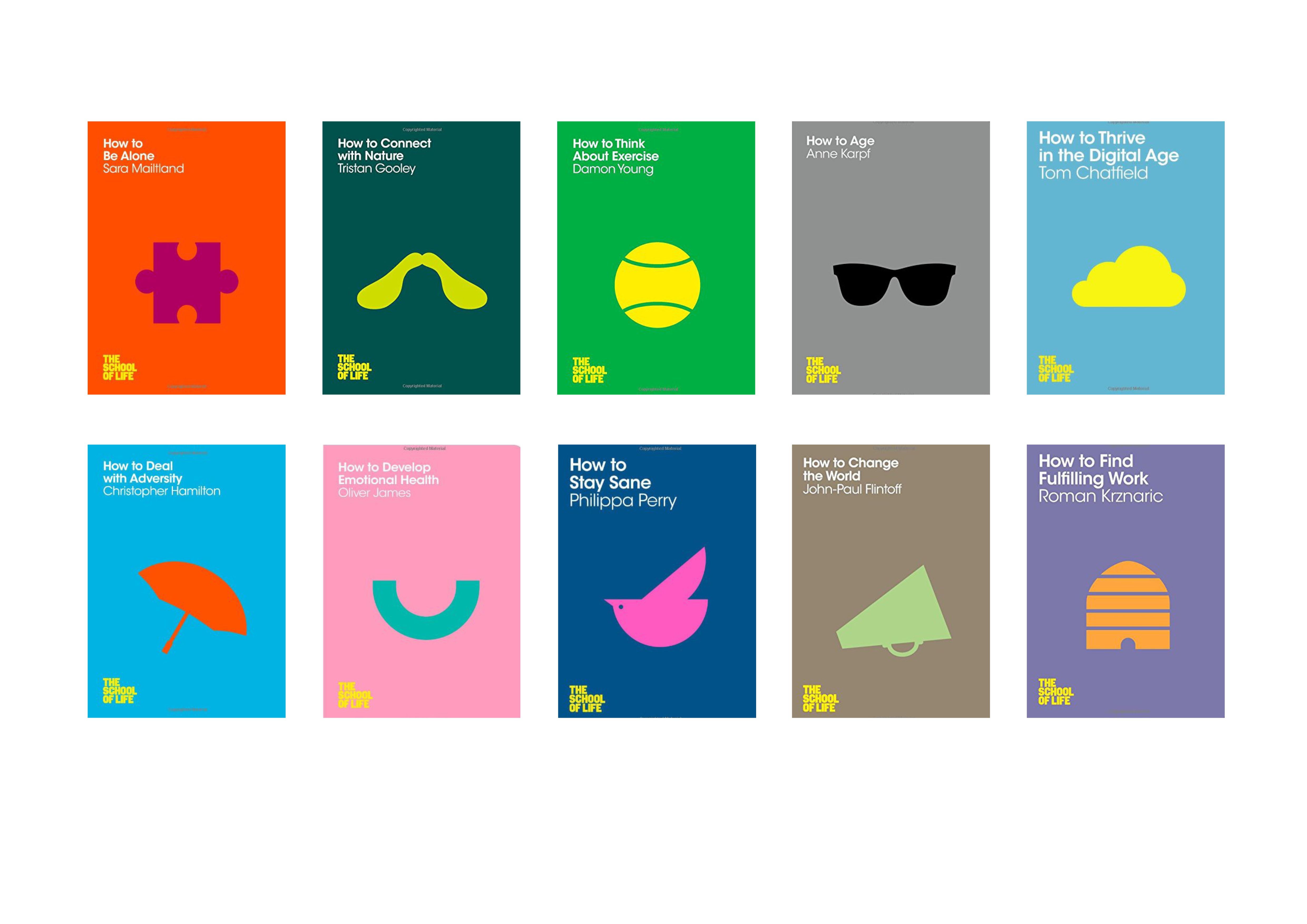 This image displays a grid of book covers or similar informational graphics, characterized by a clean, modern, and minimalist design. The visual language relies on strong, simple geometric shapes and a limited, yet vibrant, color palette to create distinct visual identities for each title.