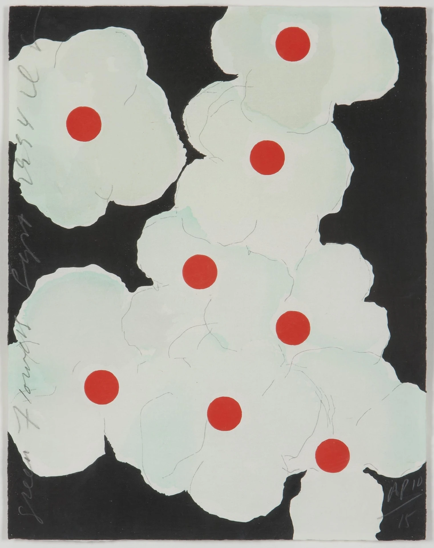 This is a minimalist, graphic composition featuring overlapping, organic shapes resembling stylized flowers against a stark black background. The design employs a limited palette and simple forms to create a sense of delicate yet bold visual texture.