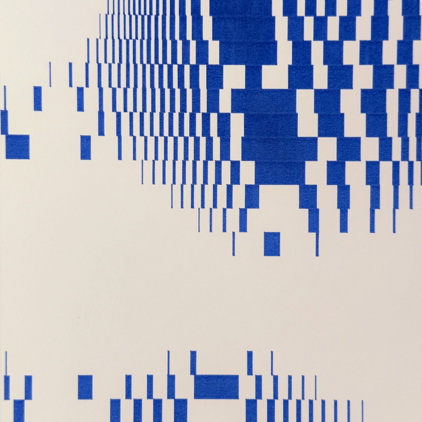 This abstract design employs a rigorous grid of vertical rectangular blocks in deep blue against a muted cream background, creating a dynamic sense of texture and digital fragmentation. The visual language is clean, modern, and highly structured, suggesting themes of data, precision, or subtle movement.