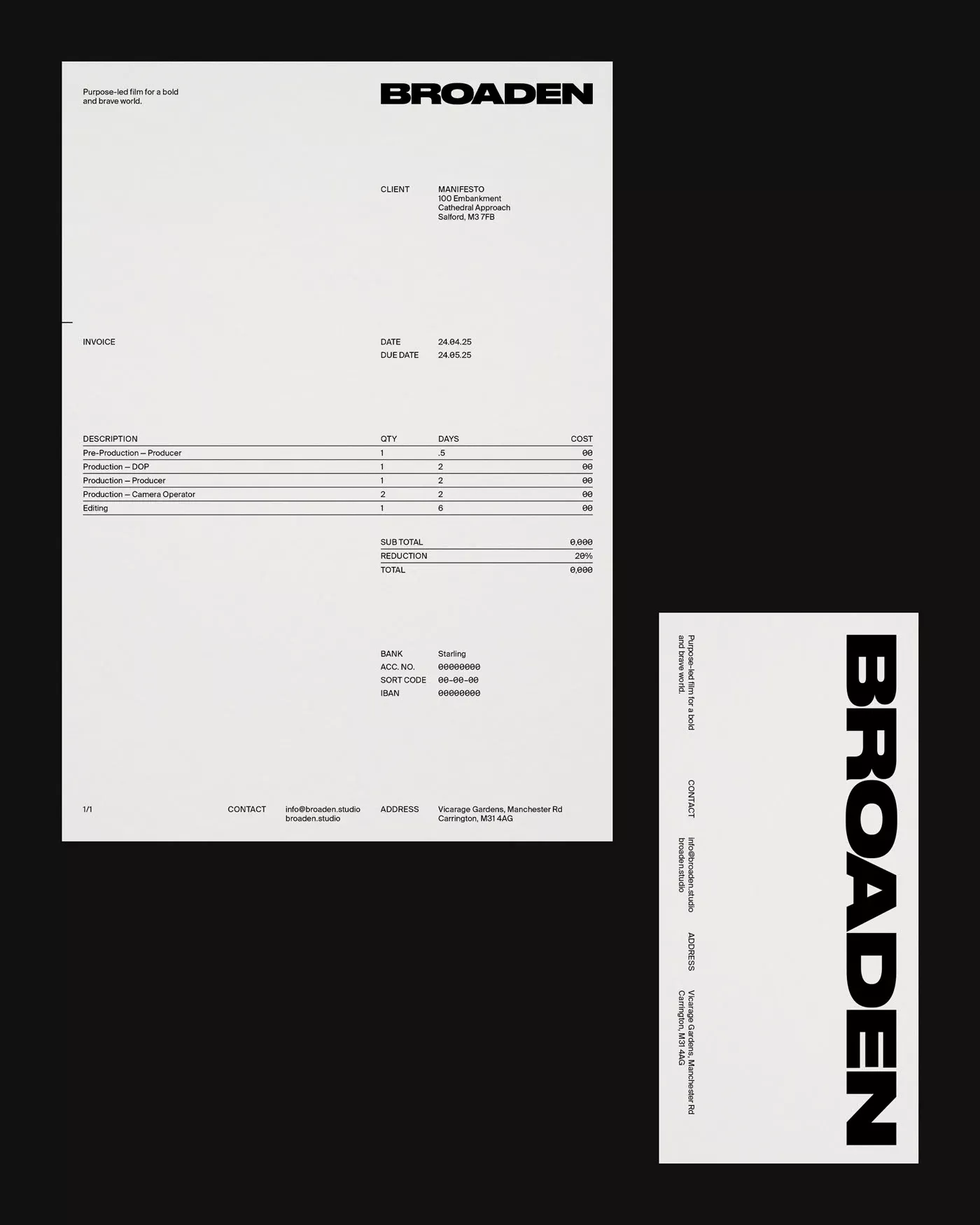 This design employs a stark, minimalist aesthetic characterized by high contrast and clean lines, conveying professionalism and precision. The visual language relies heavily on negative space to organize detailed billing information in a highly structured manner.