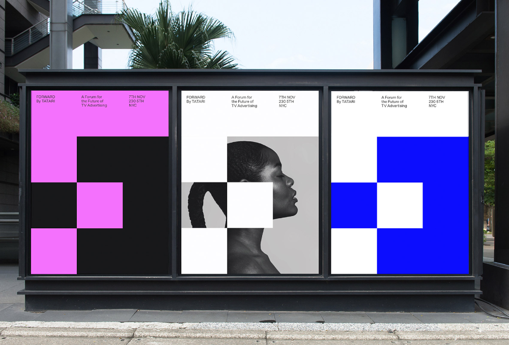 This is a clean, modern display panel featuring a grid layout of abstract and photographic elements, utilizing high contrast between black, white, and vibrant magenta/blue. The design is minimalist yet dynamic, suggesting a focus on contemporary advertising or branding.
