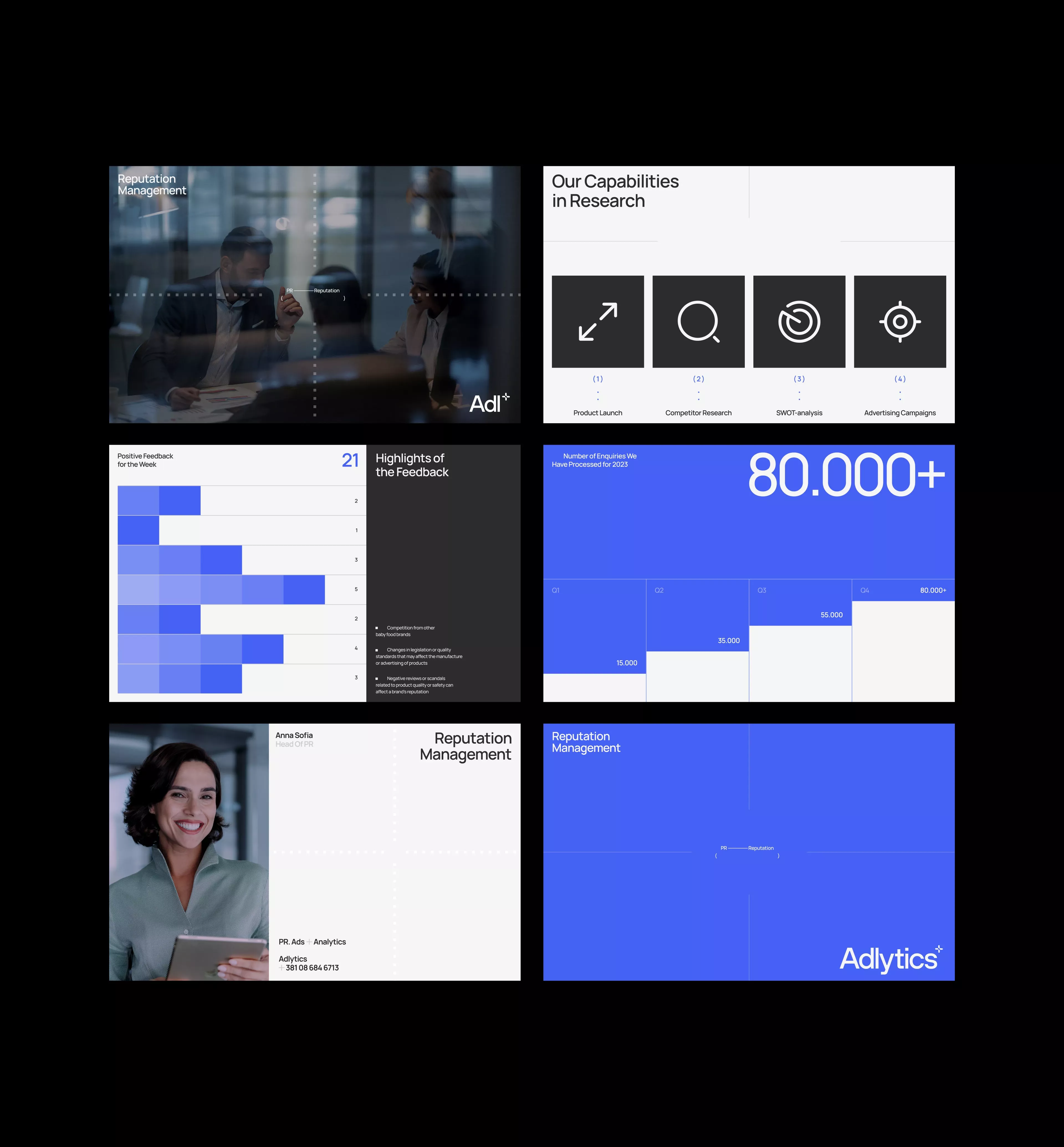The image presents a clean, professional, and modern presentation of capabilities, likely for a B2B service or research firm. It uses a dark background contrasted with bright white and blue elements to convey competence and data-driven insights.