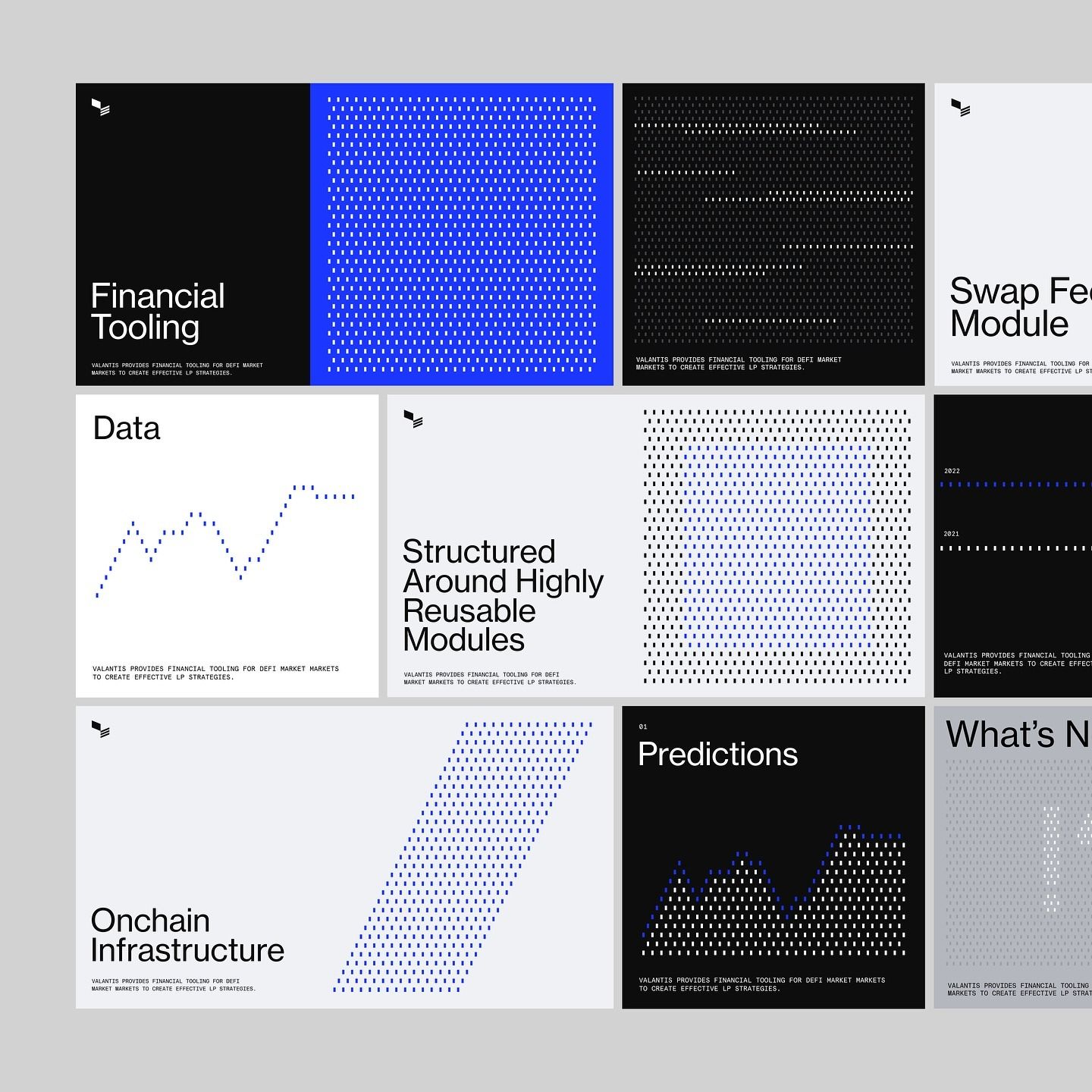 A sophisticated modular design system featuring a grid-based layout with alternating black, white, and electric blue panels. The composition demonstrates contemporary data visualization aesthetics with geometric patterns, minimal typography, and a strong emphasis on structured information hierarchy. The overall feel is professional, tech-forward, and corporate.