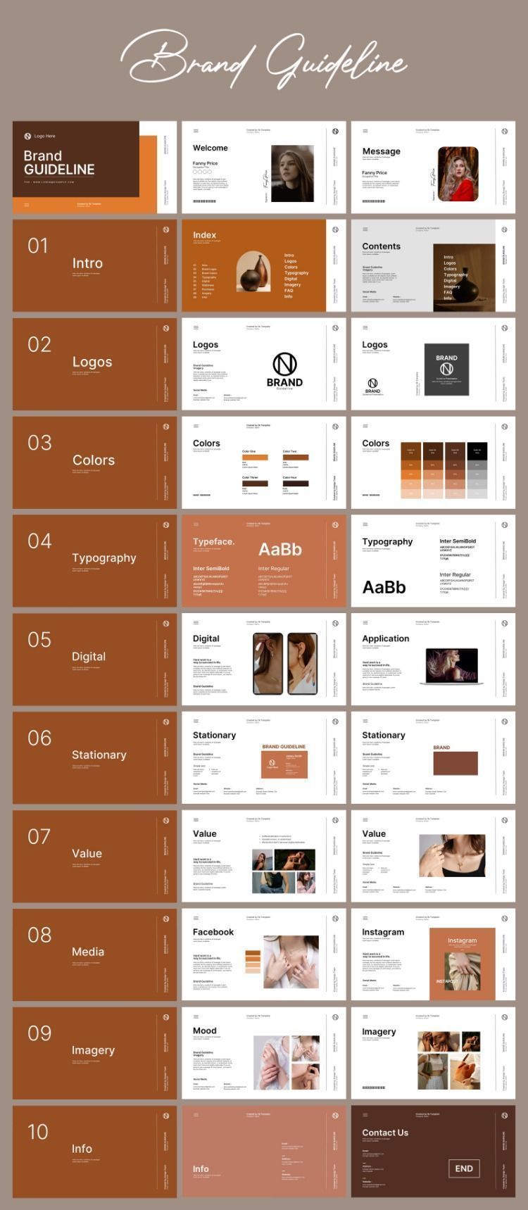 This brand guideline presents a highly structured and professional visual system characterized by warm, earthy tones and ample white space. The design emphasizes clarity, hierarchy, and consistency across all sections, creating a sophisticated and reliable brand identity. The overall feel is grounded, mature, and corporate.