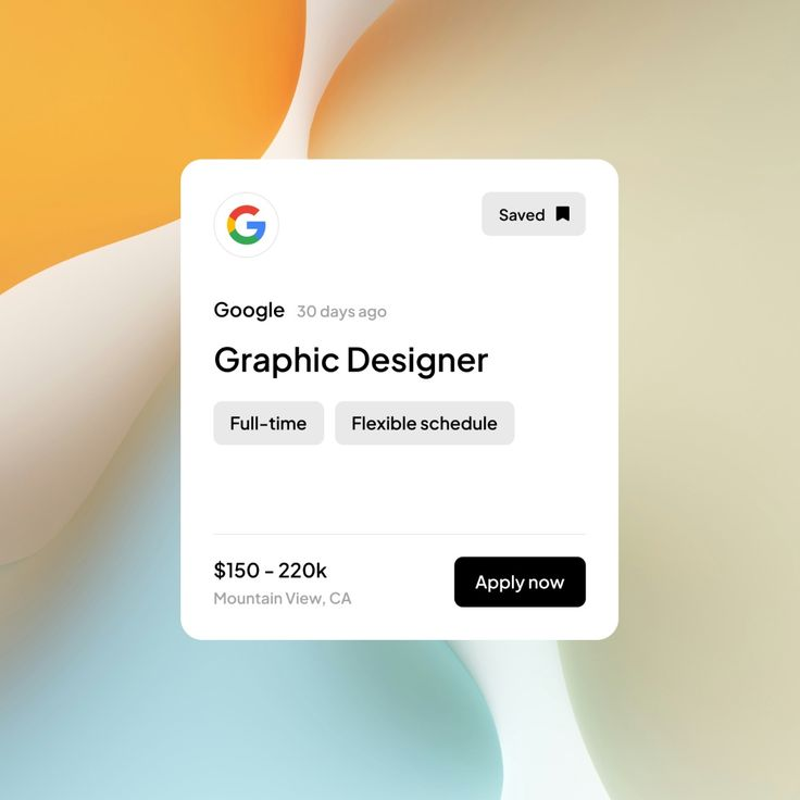 A modern job listing card for a Graphic Designer position at Google, featuring a clean white card interface overlaid on an abstract, flowing background with warm and cool gradient tones. The design combines minimalist UI principles with organic, fluid visual elements that create a contemporary and approachable aesthetic.