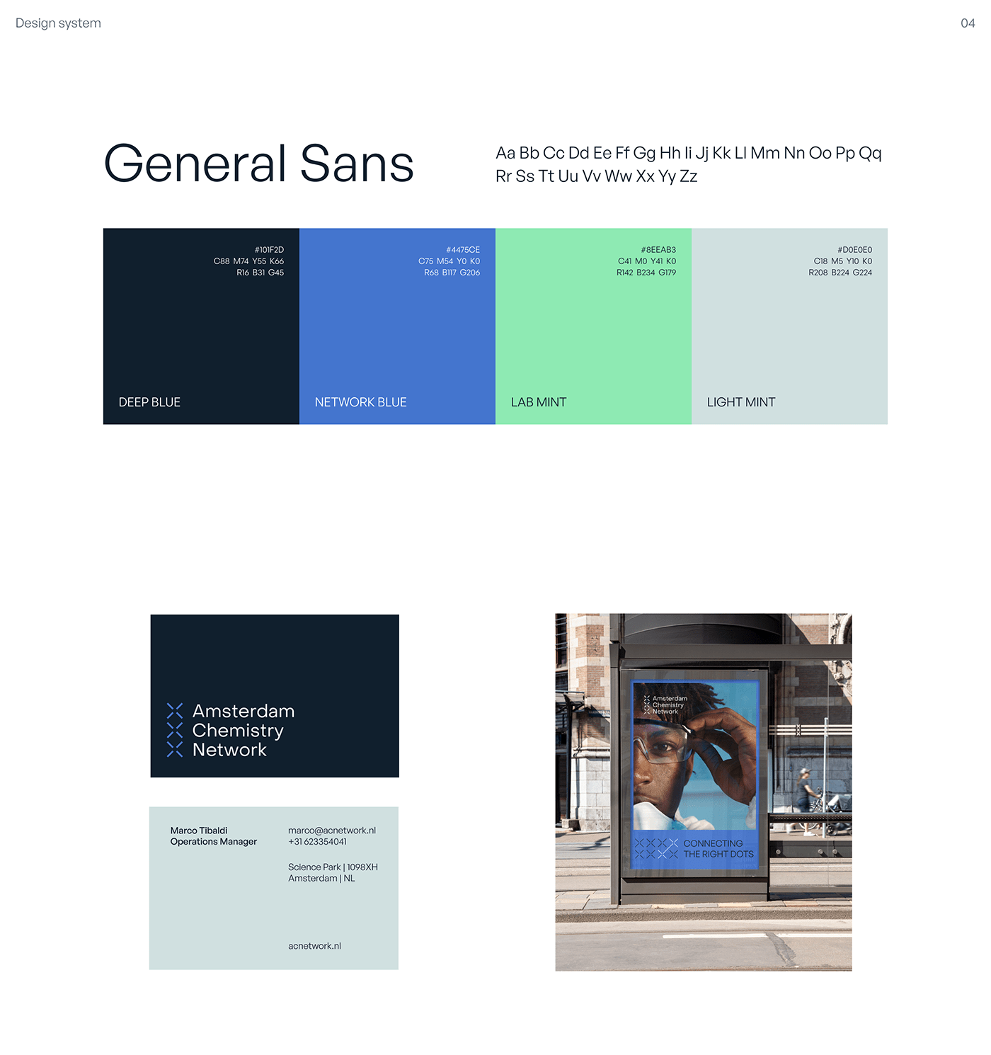 This design features a clean, structured presentation focusing on typography and color palette options. The layout is highly organized, utilizing clear grids for color swatches and a balanced composition that transitions from abstract graphic elements to tangible photography.