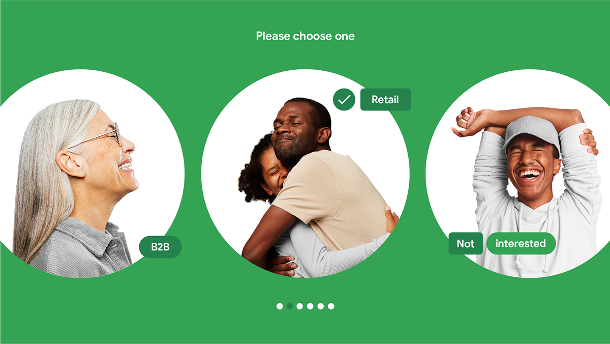 This design uses a clean, flat visual language to present segmented audience choices through illustrative vignettes. The composition is balanced and clear, utilizing circular framing to highlight distinct user profiles for market targeting purposes.