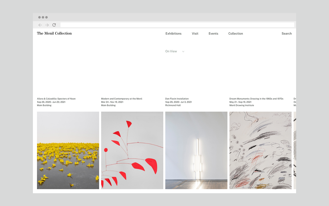 The image presents a clean, minimalist digital interface for an art exhibition, characterized by ample white space and a structured grid layout. The visual language is restrained and academic, focusing on presenting various works with clear, organized navigation.