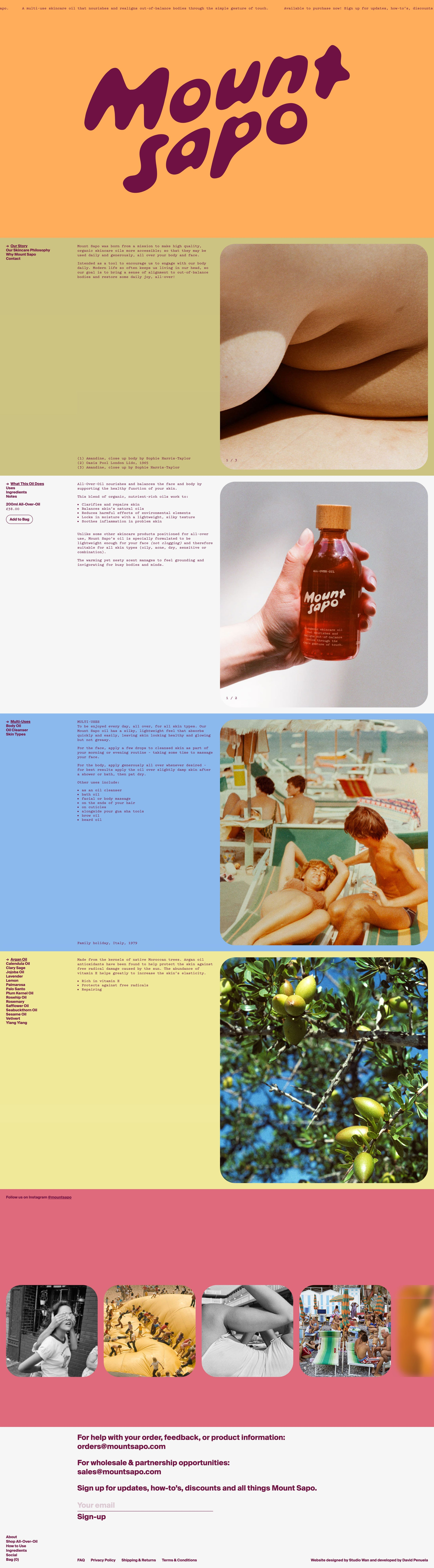 The design features a bold, minimalist aesthetic dominated by warm, earthy tones and high-contrast photography. It uses large, impactful typography for the brand name against clean, uncluttered layouts, suggesting a premium or artisanal product.