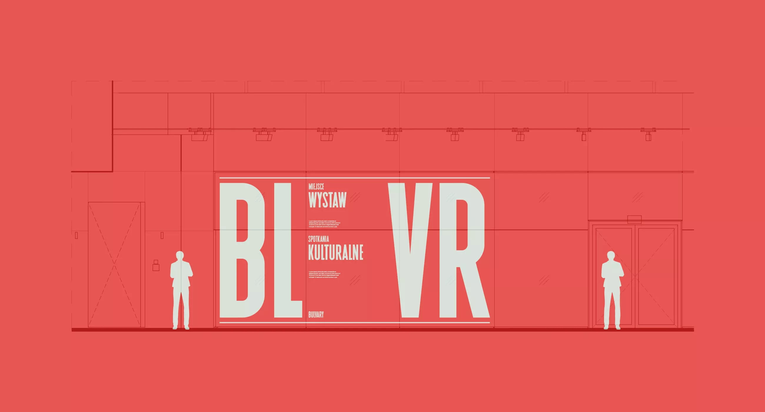 The design employs a minimalist, architectural line drawing style against a solid, warm red background. It uses stark white typography to create a bold, modern, and institutional feel, emphasizing structure and clarity.