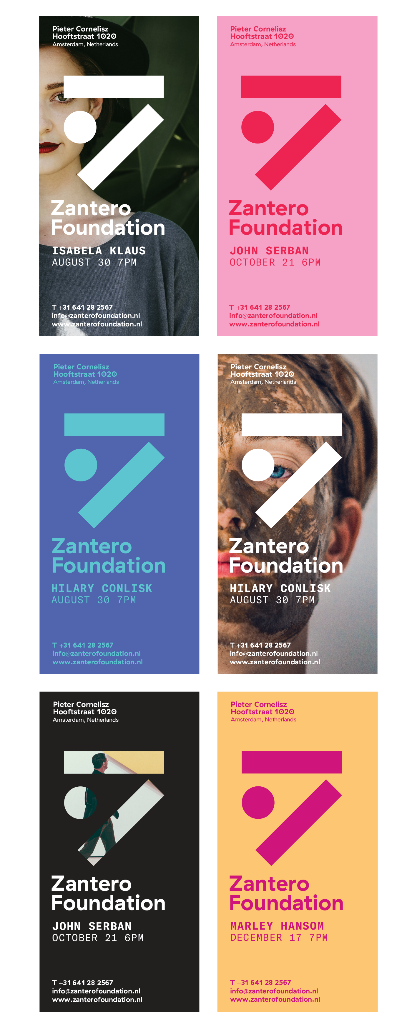 A cohesive brand identity system for Zantero Foundation featuring six vertical poster variations with bold geometric shapes and vibrant color blocking. The design employs a modern, minimalist aesthetic with striking contrast between solid backgrounds and abstract geometric elements, creating a dynamic and contemporary visual language.