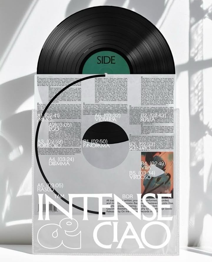 This design utilizes high contrast and negative space to create a rugged yet clean aesthetic, typical of independent music releases. The visual language is dominated by the classic black vinyl format juxtaposed with stark white labels and distressed typography, lending a vintage, raw feeling to the presentation.