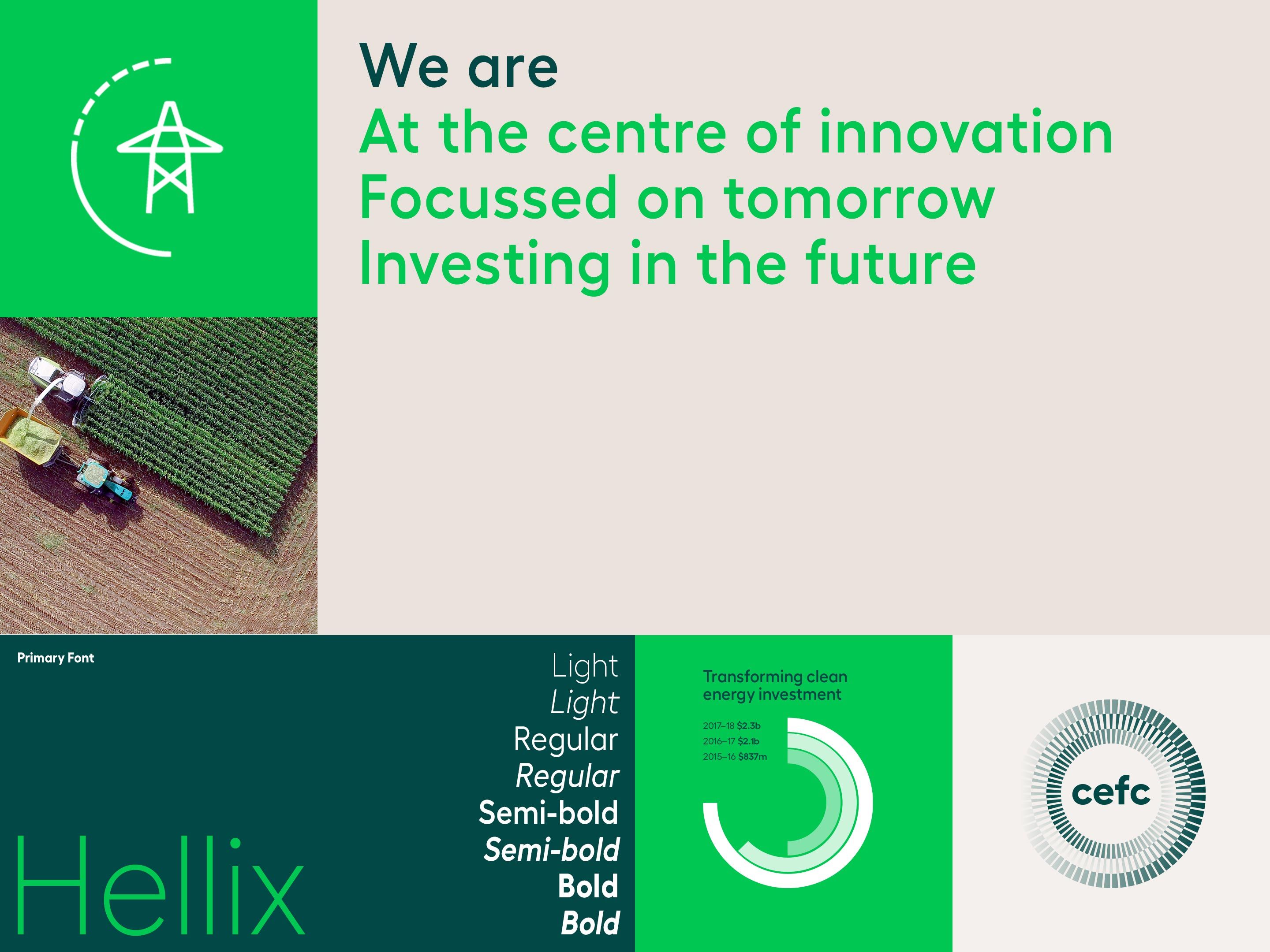 The design is clean, modern, and professional, utilizing a limited palette of deep greens and muted beige/off-white. It conveys a sense of forward-thinking innovation and stability through simple geometric shapes and clear typography.