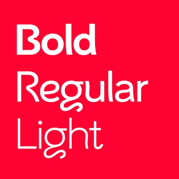 A vibrant typographic specimen showcasing three font weights in clean, modern sans-serif letterforms against a bold red background. The design demonstrates font hierarchy and versatility through stacked text, emphasizing the contrast between Bold, Regular, and Light weights.