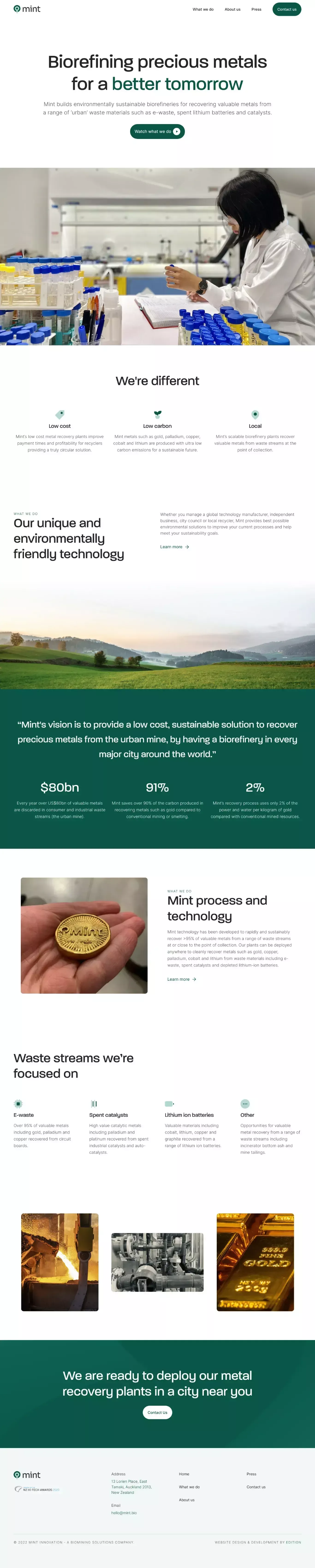 The design is clean, modern, and professional, utilizing ample white space to convey a sense of trust and scientific competence. The visual language is minimalist, relying on high-quality photography to support the text-heavy content about metal refining technology.