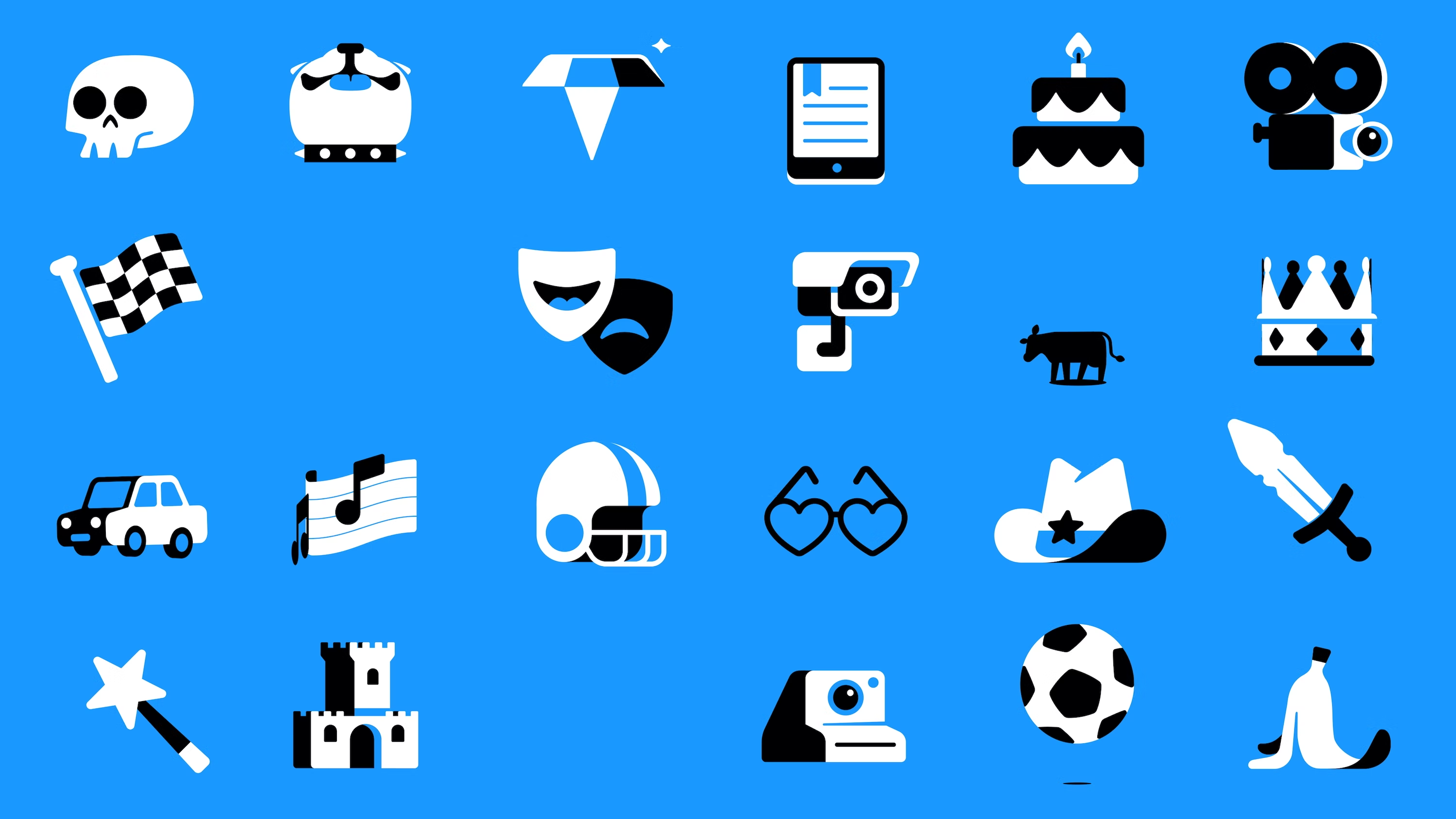 This image presents a clean, high-contrast set of monochrome icons arranged in a grid format against a vibrant blue background. The visual language is purely iconographic and minimalist, relying on solid silhouettes to convey specific concepts quickly and efficiently. The overall feel is modern, organized, and highly functional.