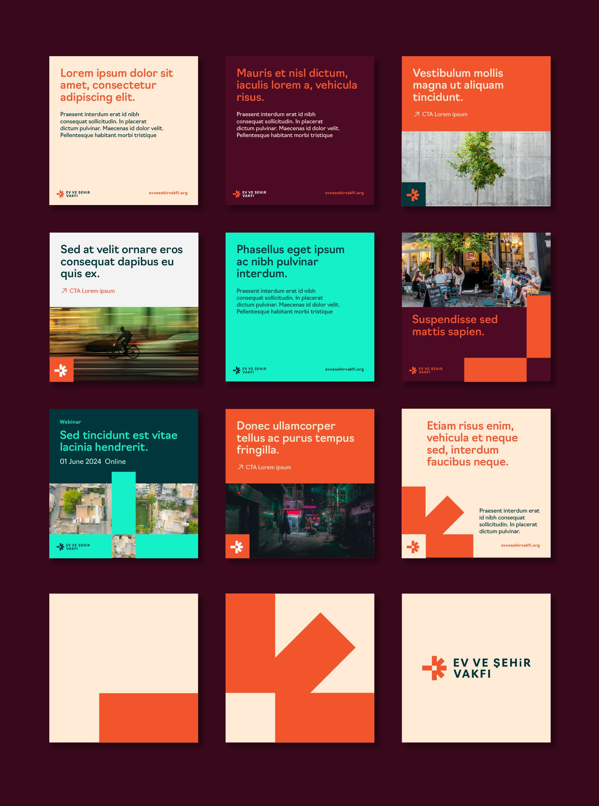 The image presents a grid of diverse, clean, and professional-looking mockups or templates, characterized by a muted, earthy color palette contrasted with pops of warm orange. The design emphasizes clear hierarchy and ample white space within each card, suggesting a modern corporate or portfolio aesthetic.