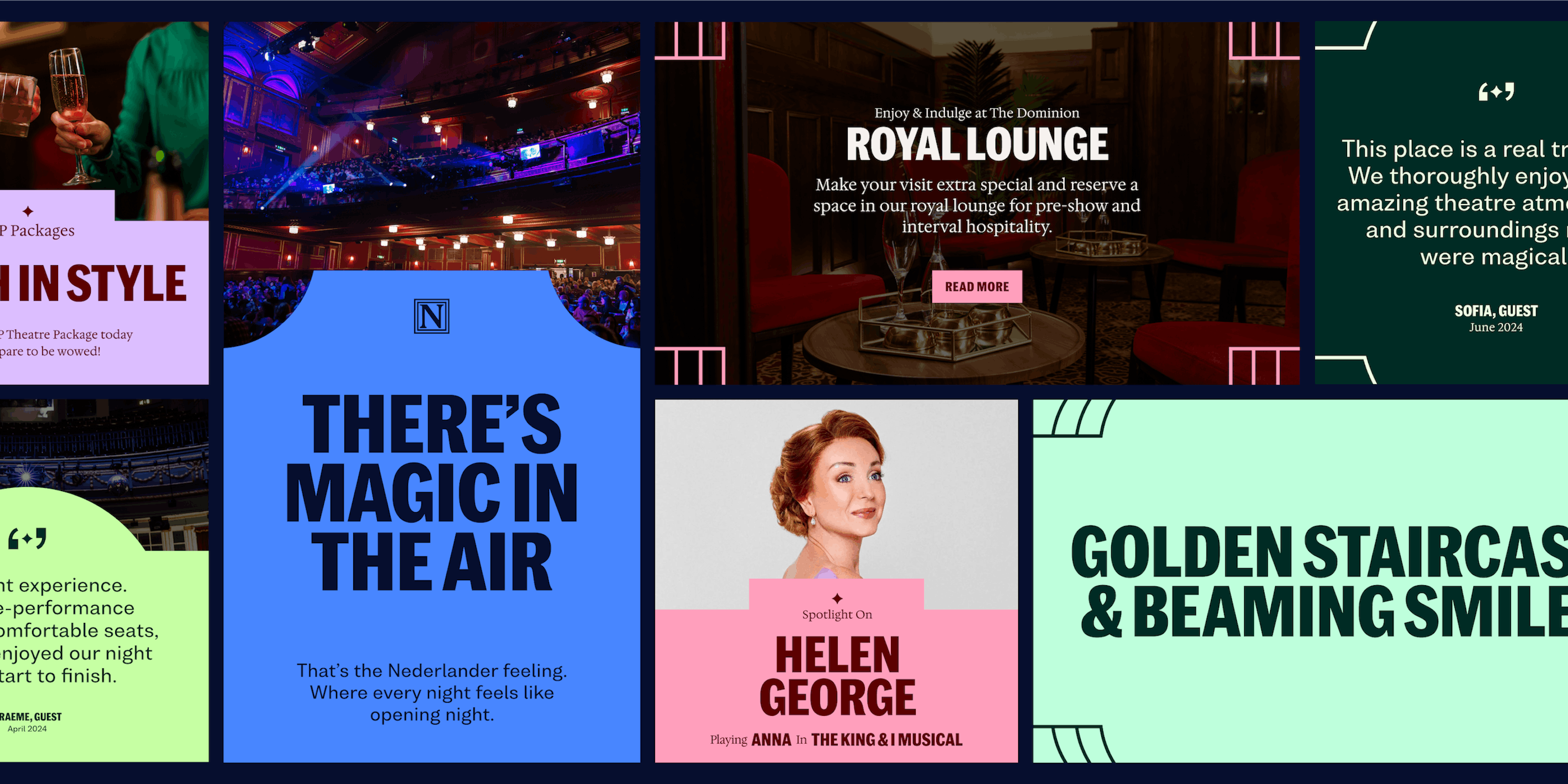 This collage uses a dramatic and opulent visual language, blending deep jewel tones with luxurious gold accents to create an atmosphere of high-end entertainment. The design successfully conveys a sense of theatrical magic and sophisticated glamour through bold color blocking and compelling imagery.