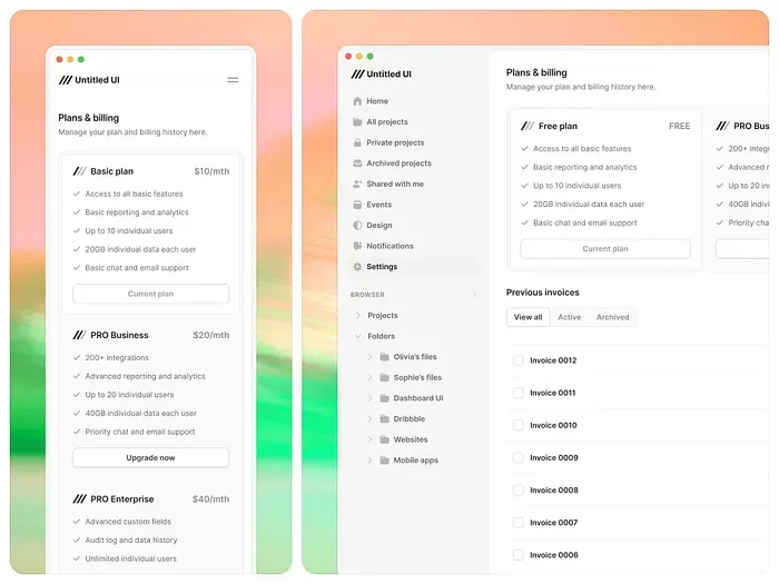 This interface utilizes a clean, modern card-based design to clearly delineate various subscription tiers and features. The visual language is highly functional, emphasizing readability and a simple hierarchy through strong use of white space and subtle color accents.