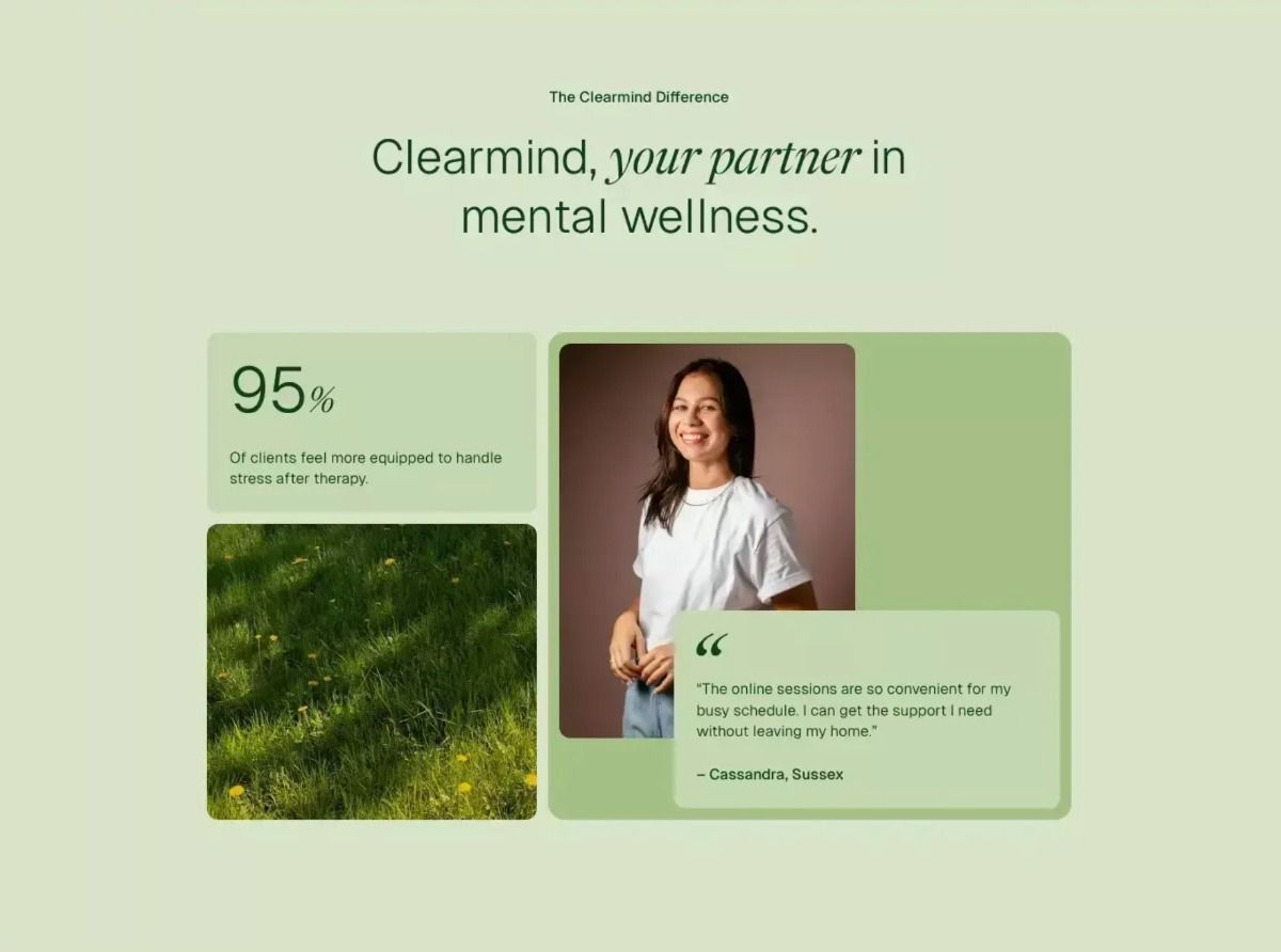 The design is clean, minimalist, and professional, utilizing a soft, muted green palette to convey calm and trust. The layout is balanced, using white space effectively to draw attention to key statistics and a testimonial.