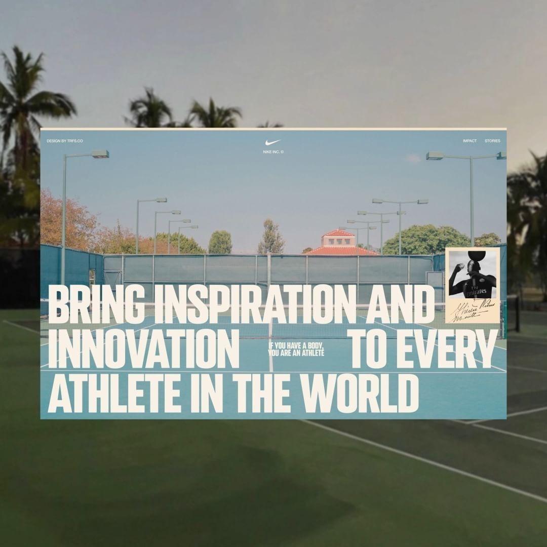 This is a clean, inspirational graphic design featuring bold, capitalized text set against a muted, outdoor backdrop. The design uses negative space effectively to draw focus to the central message about bringing inspiration and innovation to athletes.