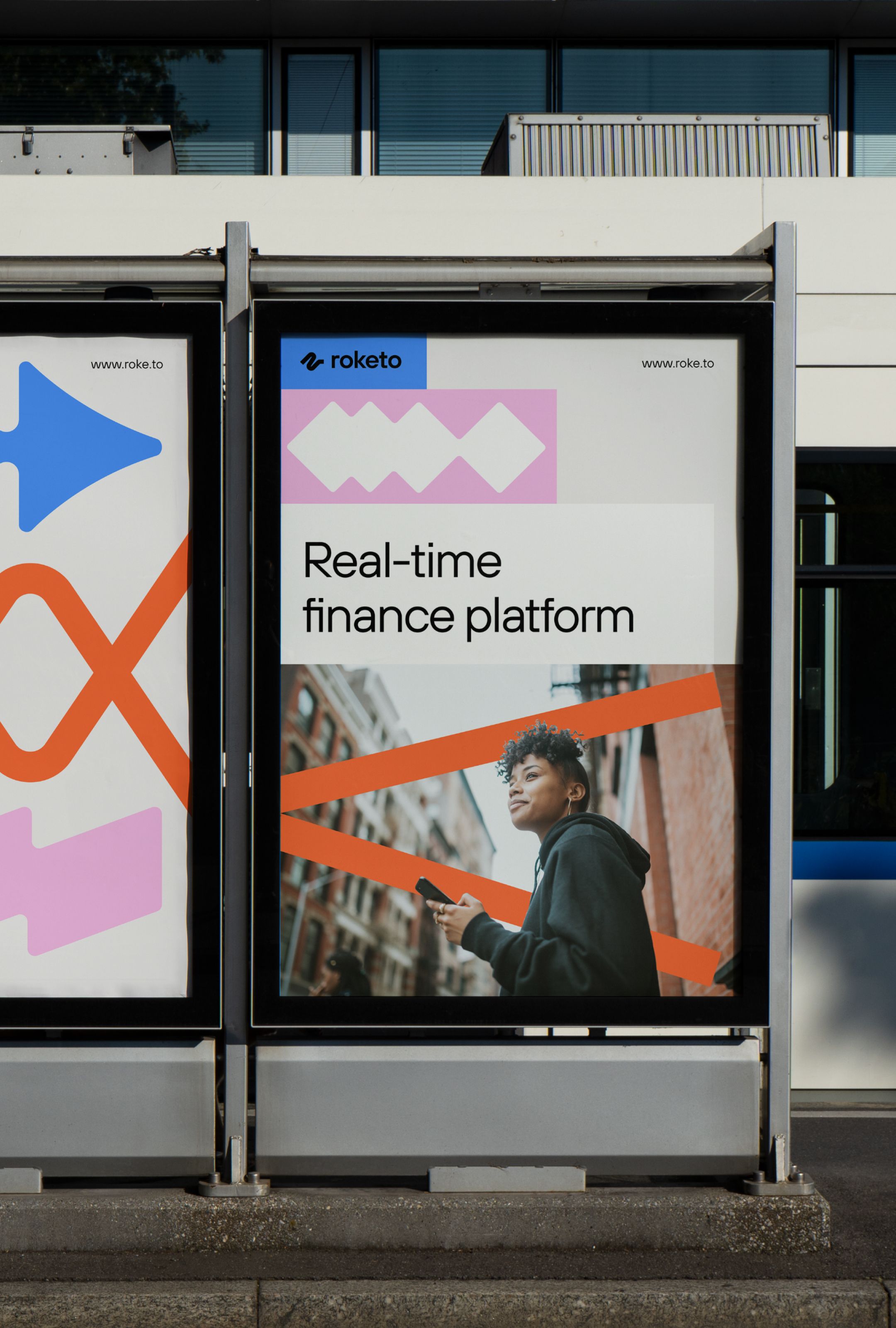 The image showcases a modern, clean interface design displayed on a vertical digital screen, emphasizing a professional and contemporary fintech aesthetic. The layout uses geometric shapes and a minimalist color scheme to convey reliability and innovation.
